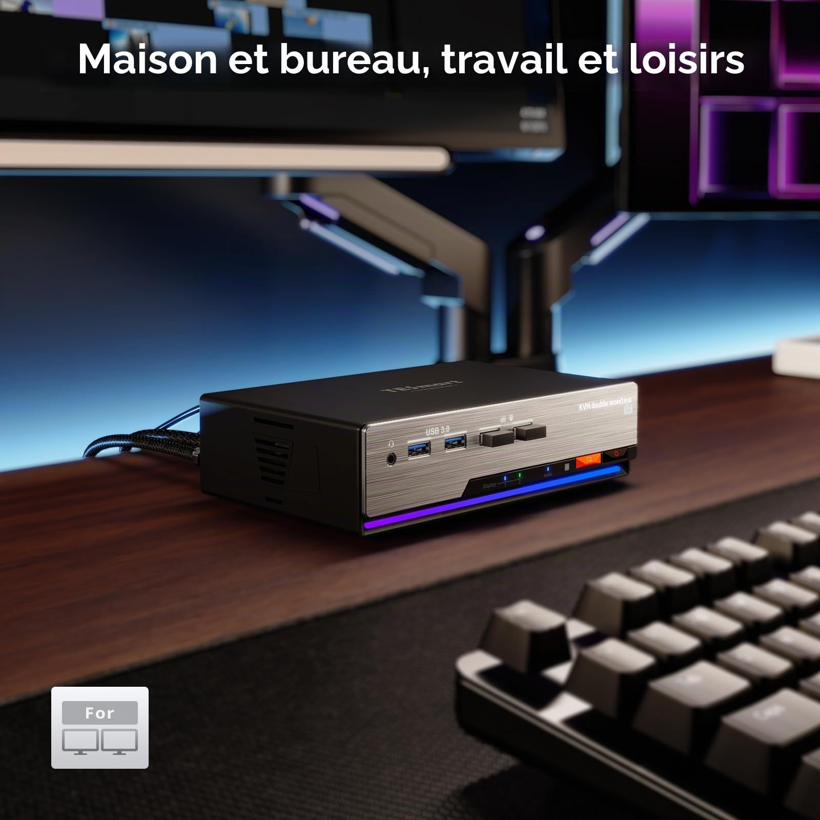 TESmart 8K@60Hz Displayport KVM Switch 2 PC 2 Moniteurs, USB 3.0 DP 1.4 Commutateurs KVM Double écran 4K@144Hz pour Gaming Dock, émulation EDID, Réseau Gigabit, Commutation Hotkey, Micro Audio