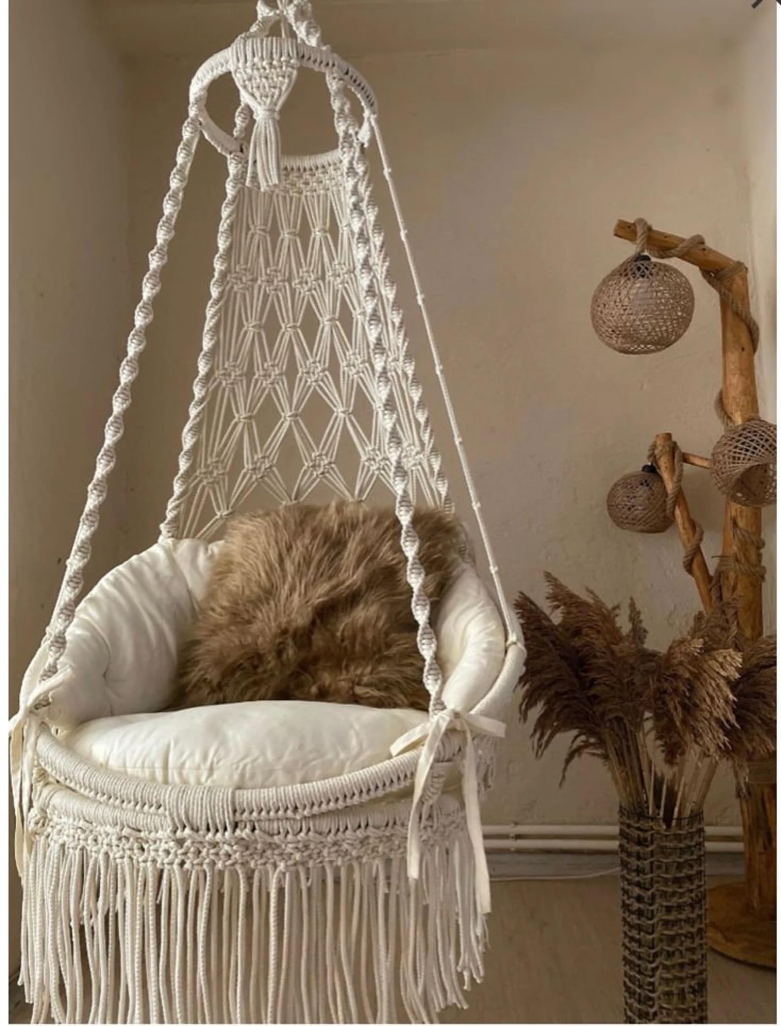 Alaaya Decor Handwoven Macrame Swing Chair and Mattress– Bohemian Elegance for Indoor/Outdoor Spaces – (Posh White)-image-12