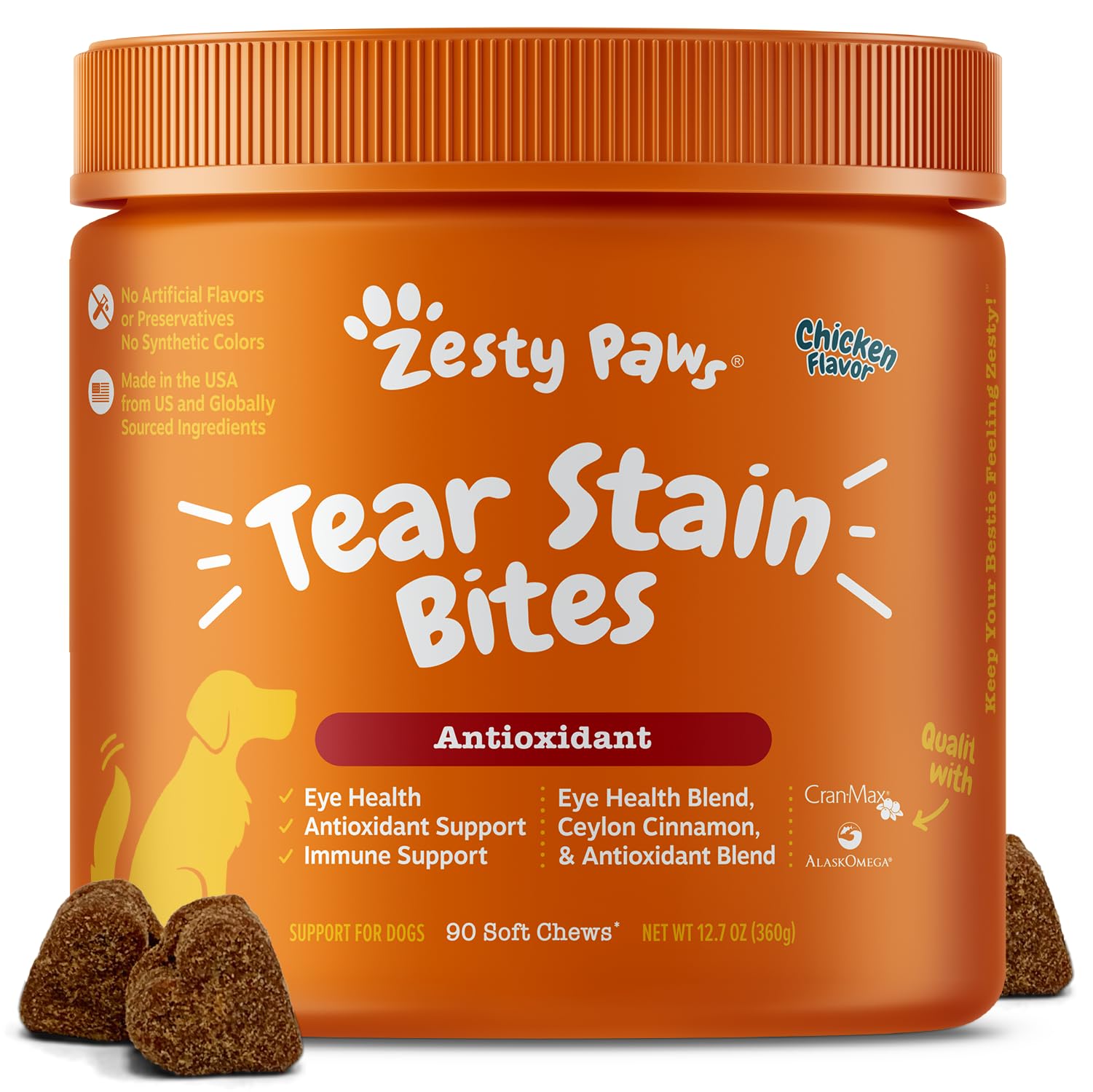 Tear Stain Support Soft Chews for Dogs - for Eye Moisture + Vision & Immune Support - Functional Supplements with Fish Oil, Lutein, Cranberry & Vitamin C - Chicken Flavor - 90 ct
