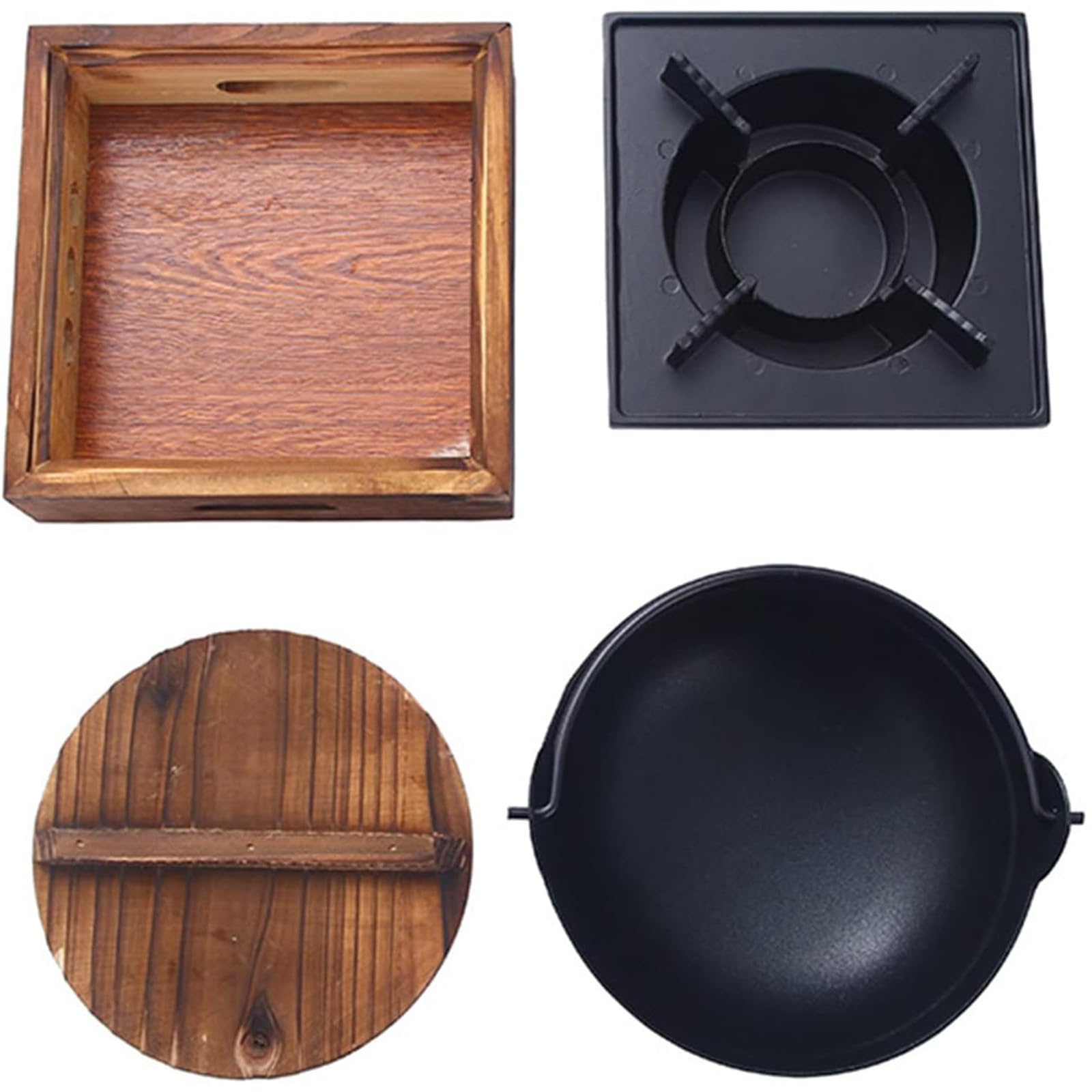 Pentola da Cucina in ghisa Shabu in Stile Giapponese, per Sukiyaki Nabe, con Coperchio in Legno e fornello Antiaderente, per servire zuppa di Noodle e Ramen Sukiyaki, 28 cm/11 poll