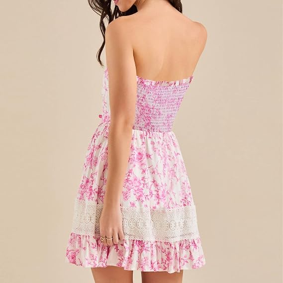 Women's Floral Tube Top Dress Casual Summer Strapless Mini Dresses Lace Patchwork Cute Ruffled Flowy Short Sundress