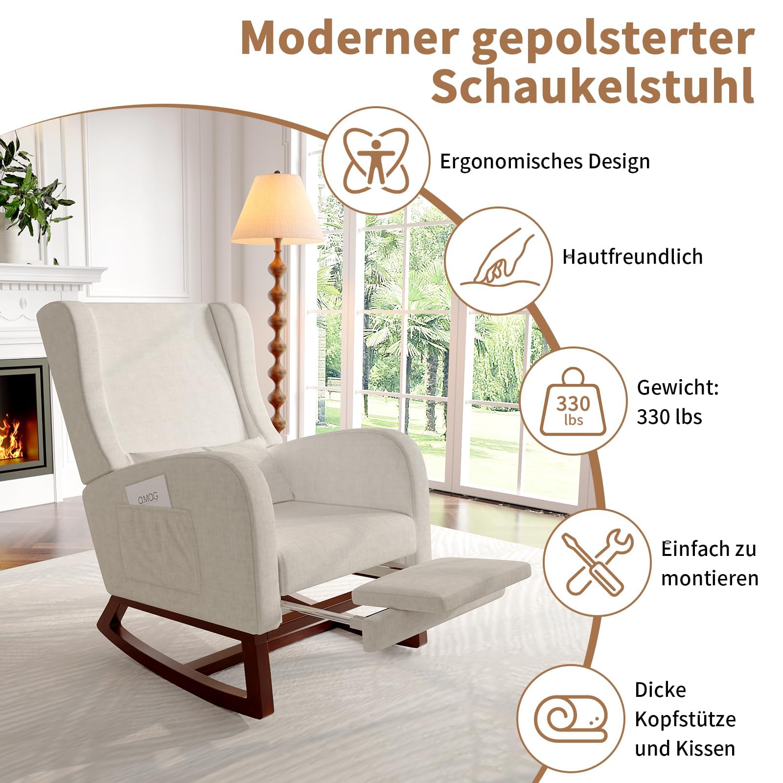 Sillón Mecedora con Reposapiés Extensible y Cojín, Butaca Mecedora Tapizada en Tejido de Terciopelo Suave con Bolsillos Laterales, Silla Relax con Patas de Madera para Salón y Dormitorio, Beige