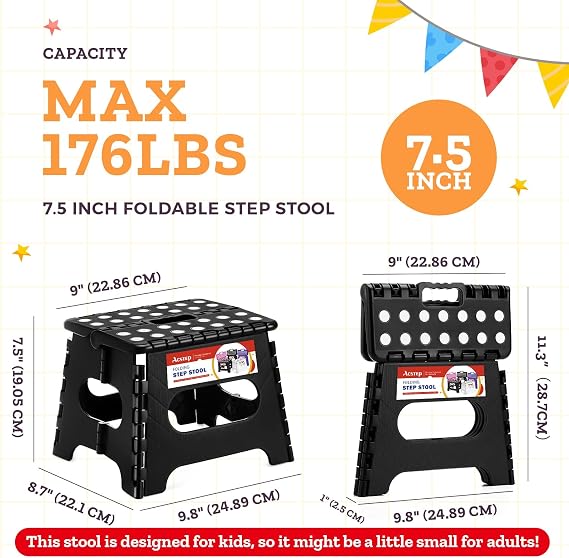 ACSTEP Collapsible Step Stool 7.5 Inch, Small Folding Stool, 176 lbs, Black