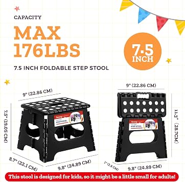 ACSTEP Collapsible Step Stool 7.5 Inch, Small Folding Stool, 176 lbs, Black