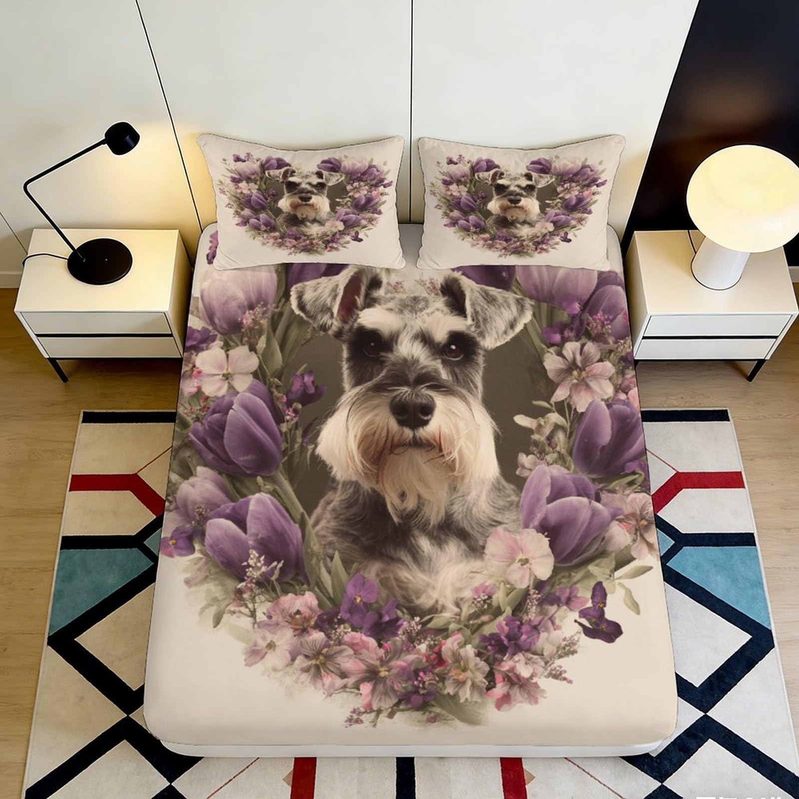 Decorative Schnauzer Fitted Sheet 3D Printed, Purple Floral Microfiber Bed Cover, Soft Touch, Home Bedroom, Easy Care, Apartment Bedding, Anti-Slip Design, 120x200x25cm