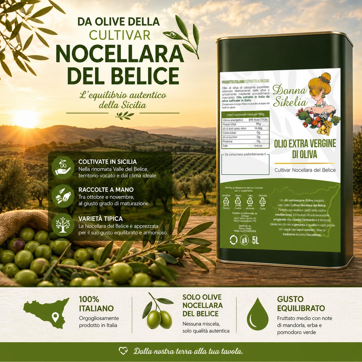 Donna Sikelia Olio Extravergine di Oliva 5L da Olive Cultivar Nocellara del Belice 100% Italiano Estratto a Freddo Fruttato Medio Lattina