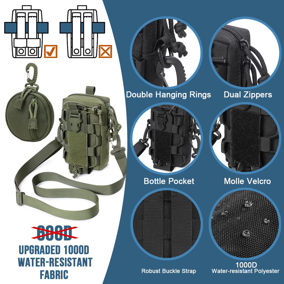 MUCHER Molle Borsa tattica per braccio, marsupio EDC Utility Fanny Pack tasche aggiuntive con 3 ganci per attività all'aria aperta, escursioni, caccia, campeggio, allenamento (nero