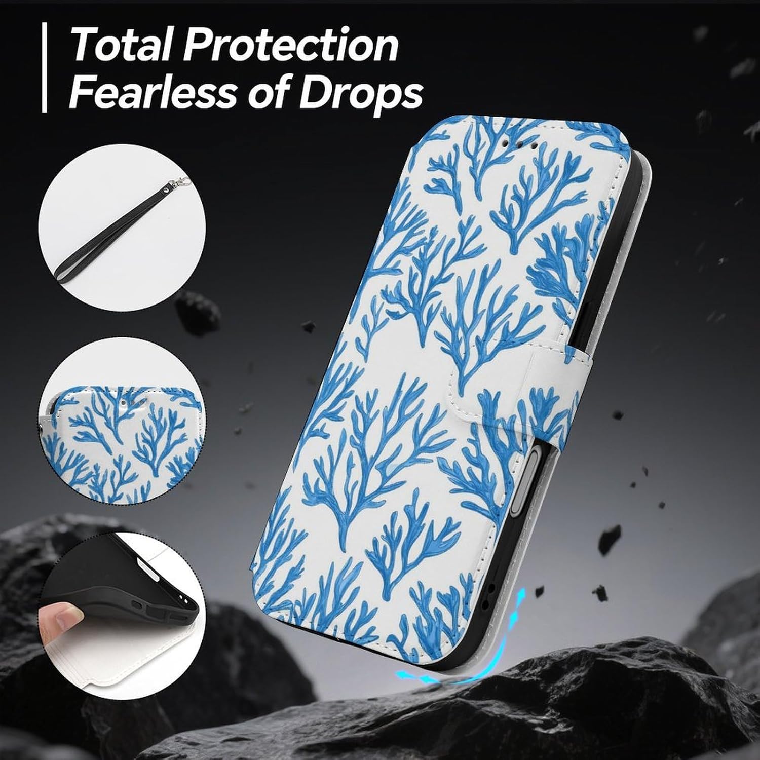 Blue Coral Branch Compatible with iPhone 16/16 Plus/16 Pro/16 Pro Max/16 E Case Phone Wallet Card Holder Flip Cover with Wrist Strap
