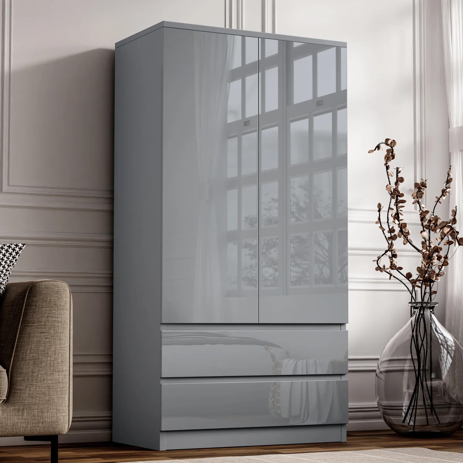 Blisswood High Gloss Wardrobe with 2 Drawers – Grey 2 Door Wooden Bedroom Wardrobe with Hanging Rail | Modern Double Clothes Organiser Cupboard Unit for Bedroom Furniture
