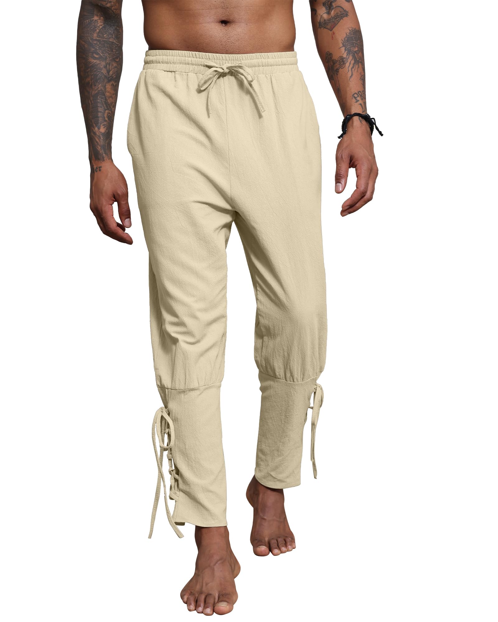 YAOBAOLE Leinenhose Herren Mittelalter Wikinger Renaissance Piratenhose Lang Locker mit Taschen Elastischer Bund Kostüm Hose