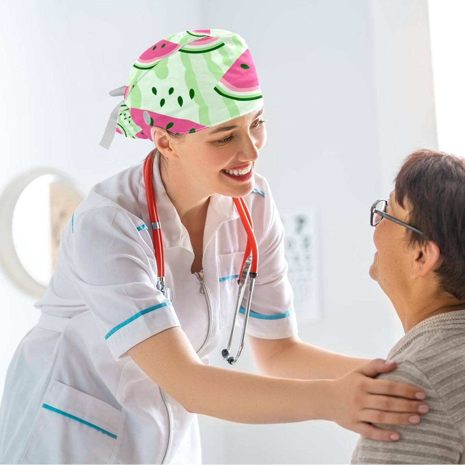 Women's Working Caps Bouffant Surgical Cap with Bow Scrunchies Pink Strawberry Pattern Ponytail Holder Tie Back Scrub Hat - Image 6