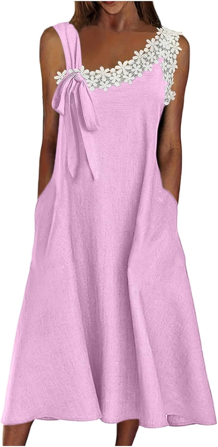 Womens Linen Dress Summer Sleeveless Lace Trim Formal Dresses Swing V Neck a Line Midi Beach Sundresses with Pockets