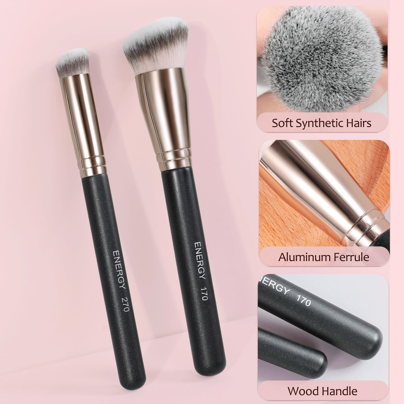 ENERGY Set di pennelli da trucco professionali per fondotinta, correttore, contorno naso, sopracciglia, eyeliner, pennelli piatti per il viso, per fondotinta liquido, crema, polvere, gel, miscelazione