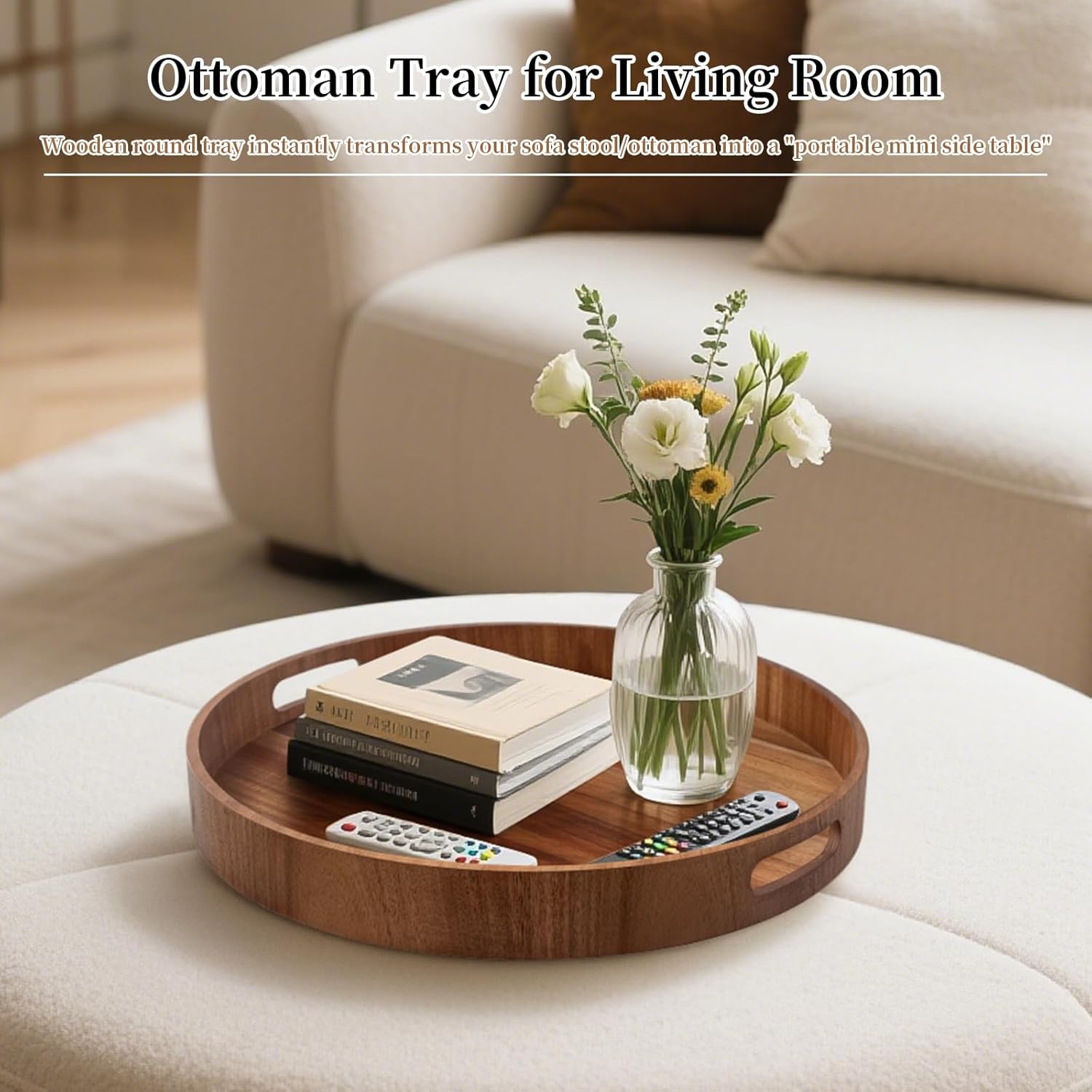 Ottoman Tray Round, 20" Large Ottoman Tray with Handles Wooden Ottoman Trays for Living Room, Decorative Tray, Wooden Serving Trays for Food Serving, Breakfast, Coffee, Appetizers - Image 2