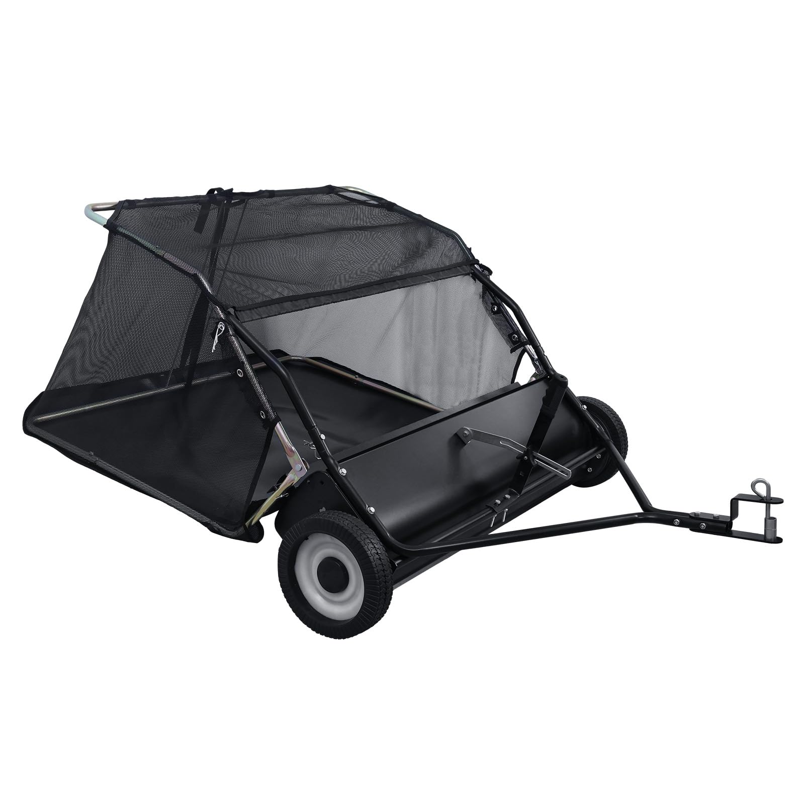 ?44-inch tow behind lawn sweeper - heavy duty adjustable height & 25cu ft hopper universal tractor attachment for leaves grass debris with dump rope & rubber wheels?? black 44