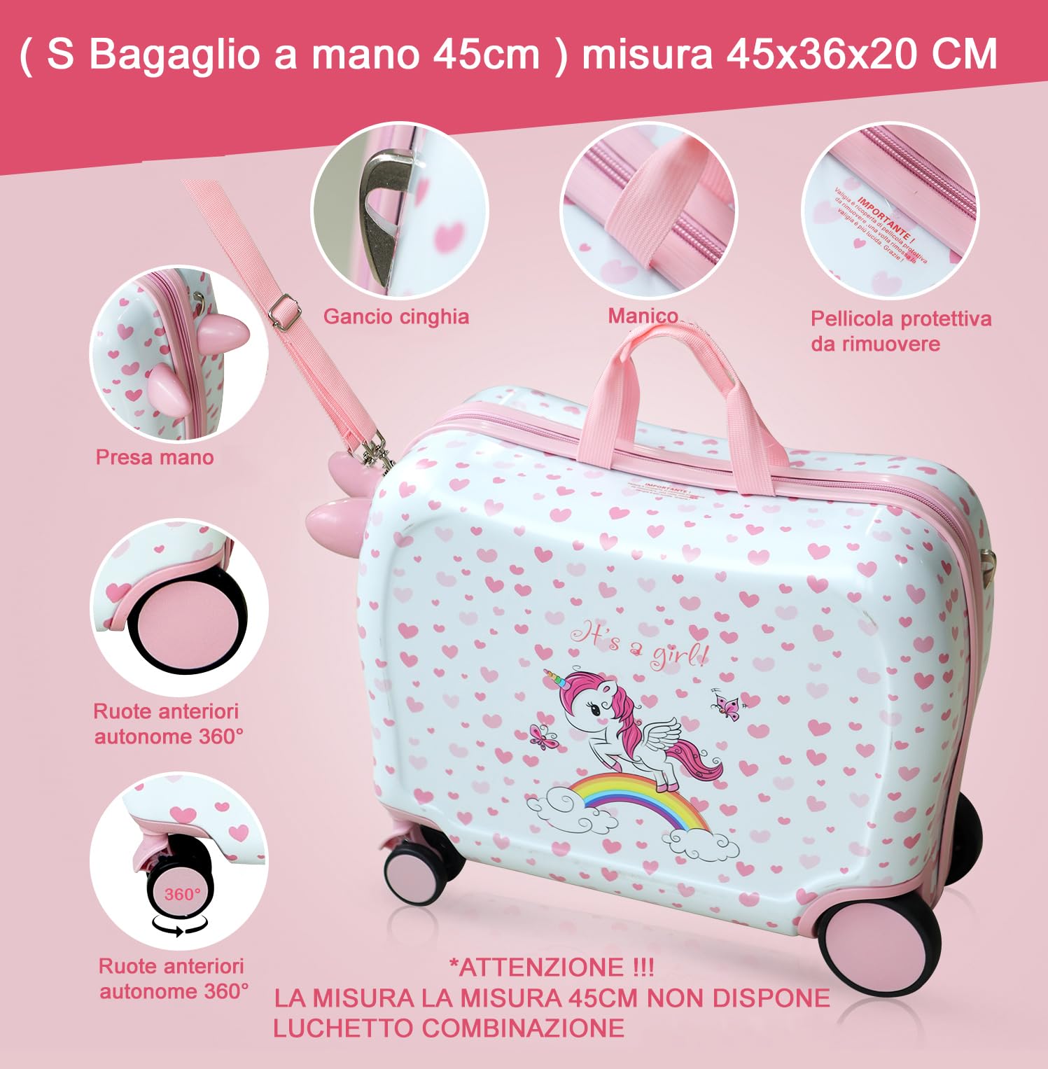 R.Leone Valigia Cavalcabile per Bambina EasyJet 45x36x20 cm + 30x23x14 cm Set 2 Pezzi Trolley Bagaglio a mano 4 Ruote e Zaino 3252 (Unicorno, Valigia 45x36x20cm+Zaino con corno)