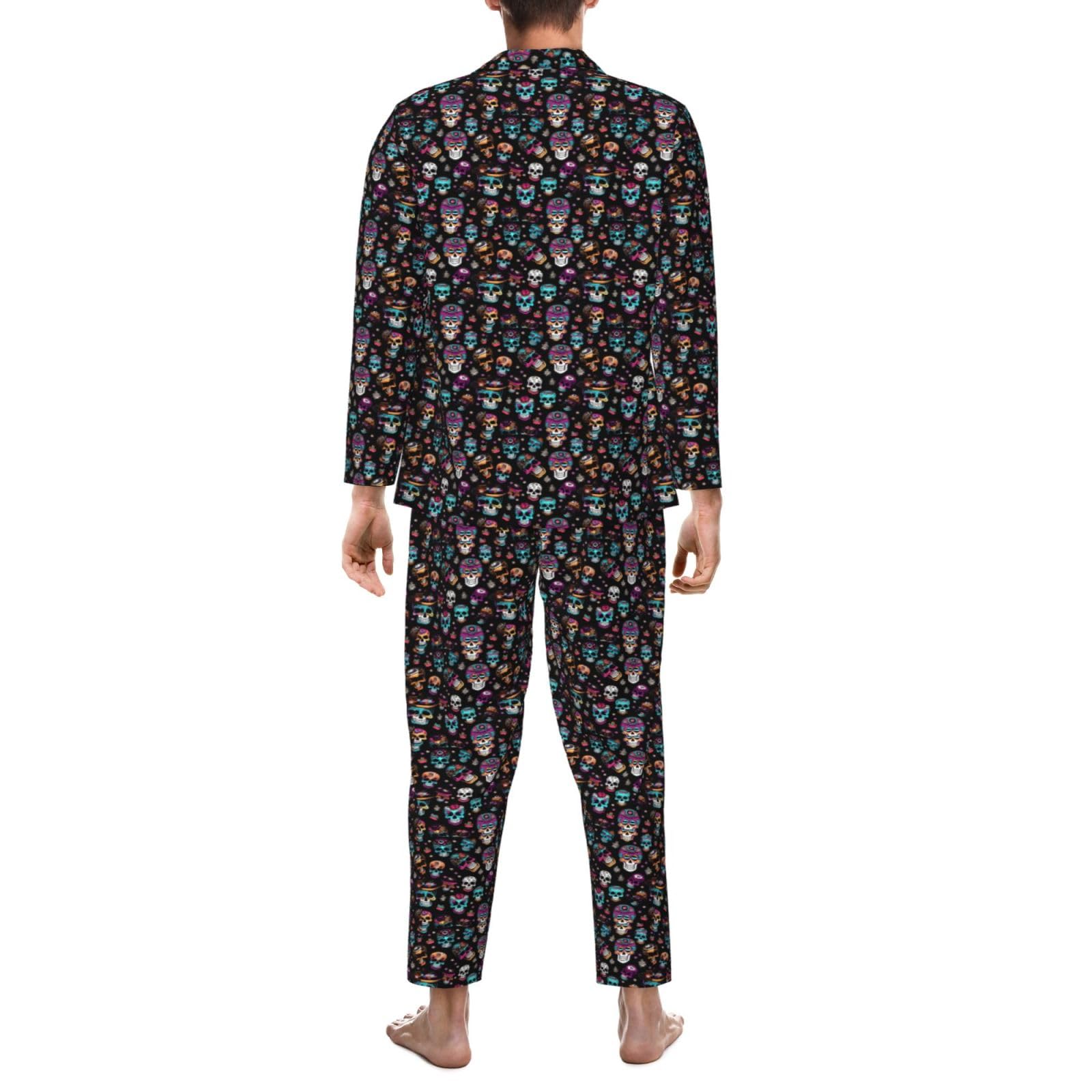 Sugar and Skulls Herren-Pyjama-Set, langärmelig, zweiteilig, Hauskleidung, bequeme Nachtwäsche, Nachtwäsche