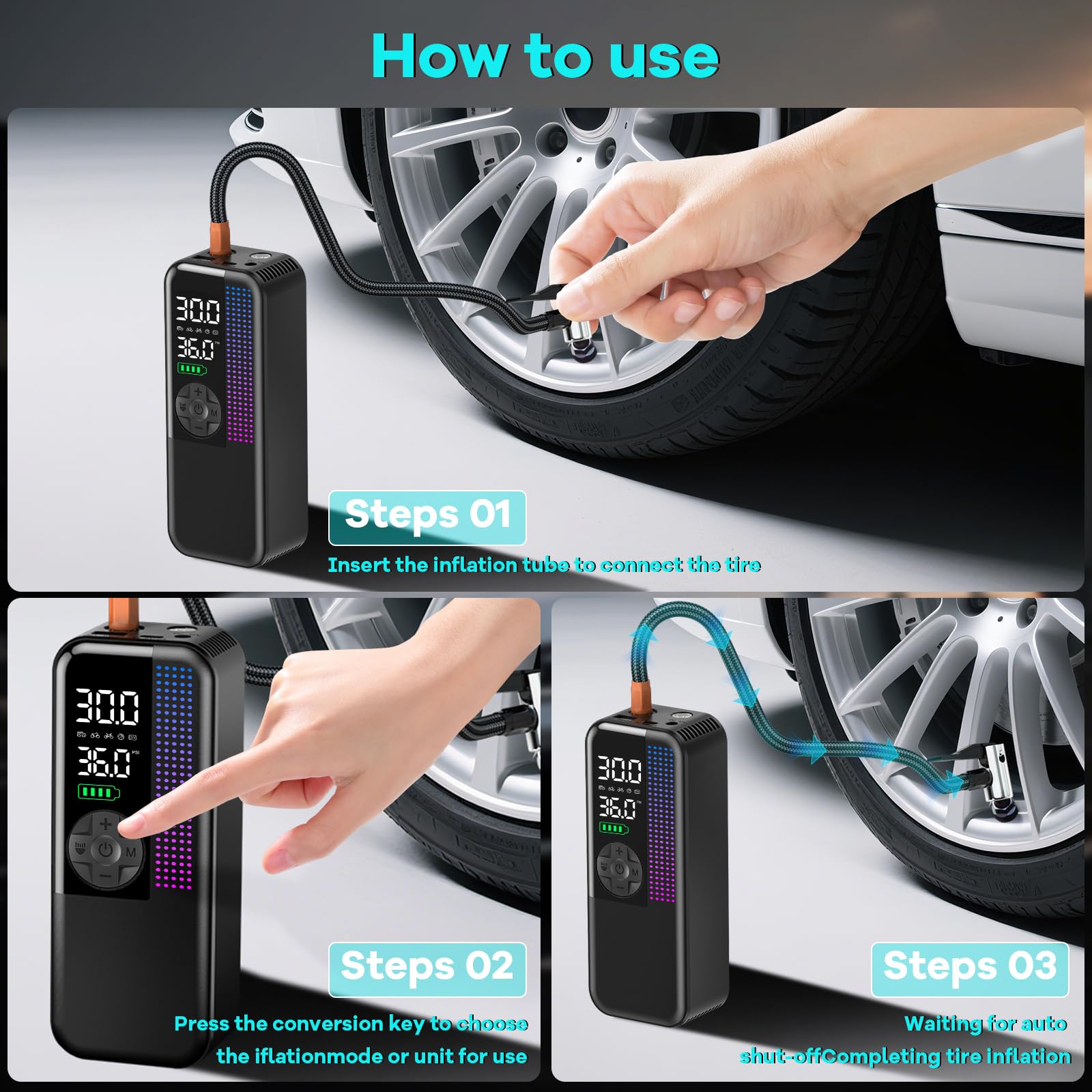 Tire Inflator Portable Air Compressor 150 PSI Cordless Air Pump Dual Power 6000mAh 12V DC Car Plug Fast — view 7
