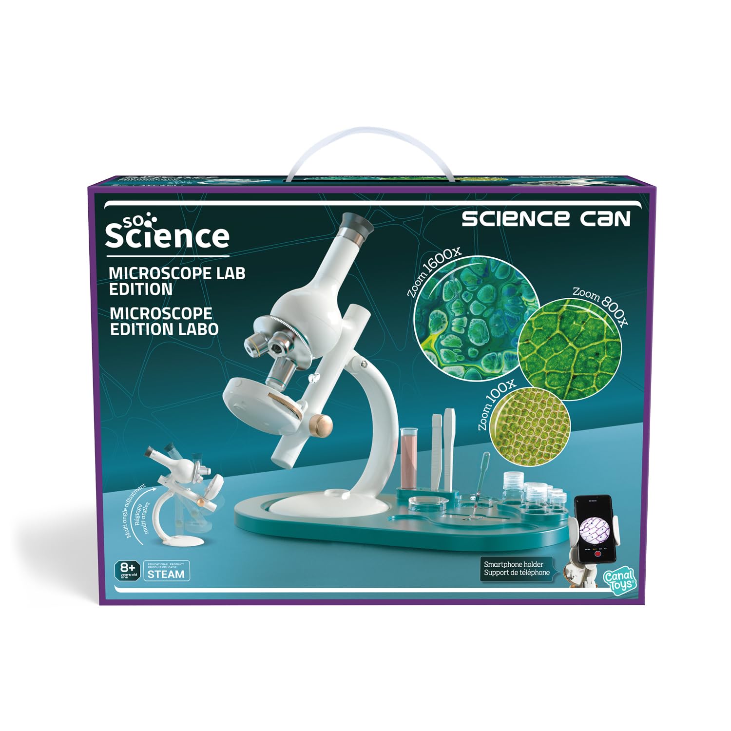 C Toys - So Science – Mikroskop für Kinder ab 8 Jahren – Zoom 100 x bis 1600 x – Smartphone-Halterung – 12 Klingen und Zubehör – Lern- und Wissenschaftliches STEM-Set – FR/EN – COS 004FR