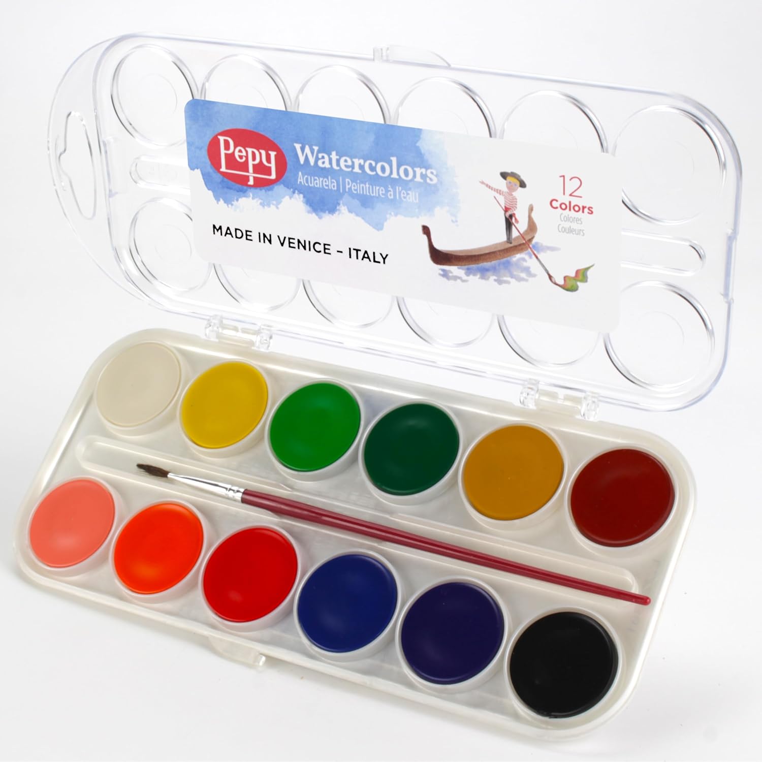 Pepy Watercolor Paint; Classpack 24-Count of 12 Color Sets; Each Set Includes Brush & Closable Mixing Tray, Metallic Pearlescent Multicolor