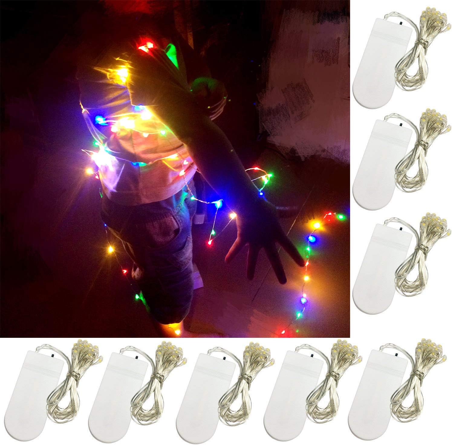 Yitee 8 PCS LED String Light, Battery Operated 20 Micro Starry LED Silver Copper Wire Lights, 6.5 Feet/2M,Best for Mason Jar Lights,Moon Lights,Party,Wedding and Home Decoration (Multi-Color)