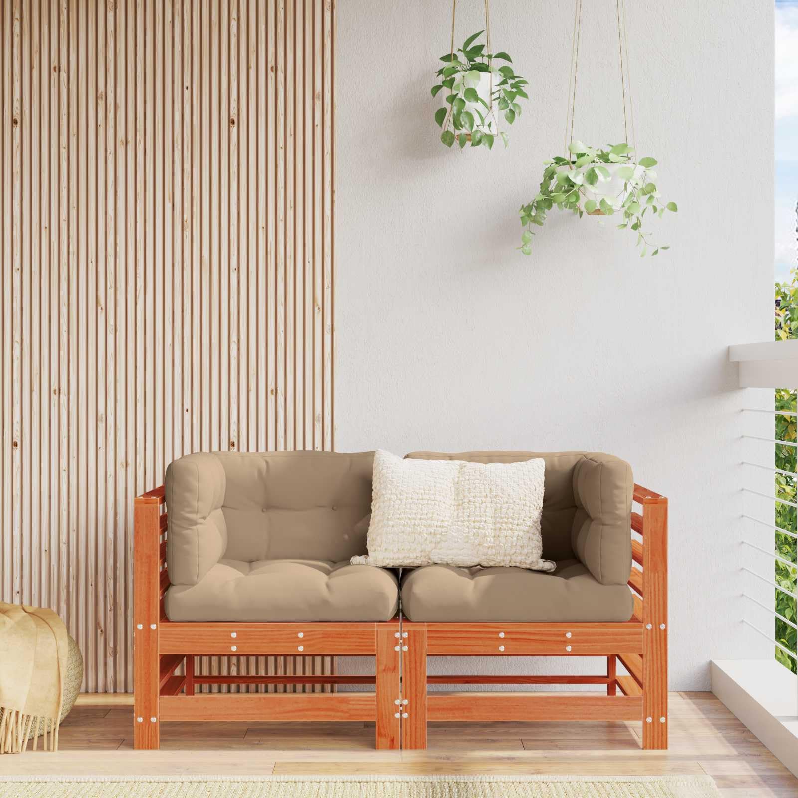 Sofá esquinero de jardín de madera maciza de pino, color marrón cera, resistente a la intemperie, elemento de salón exterior con disposición modular para terraza, balcón y jardín