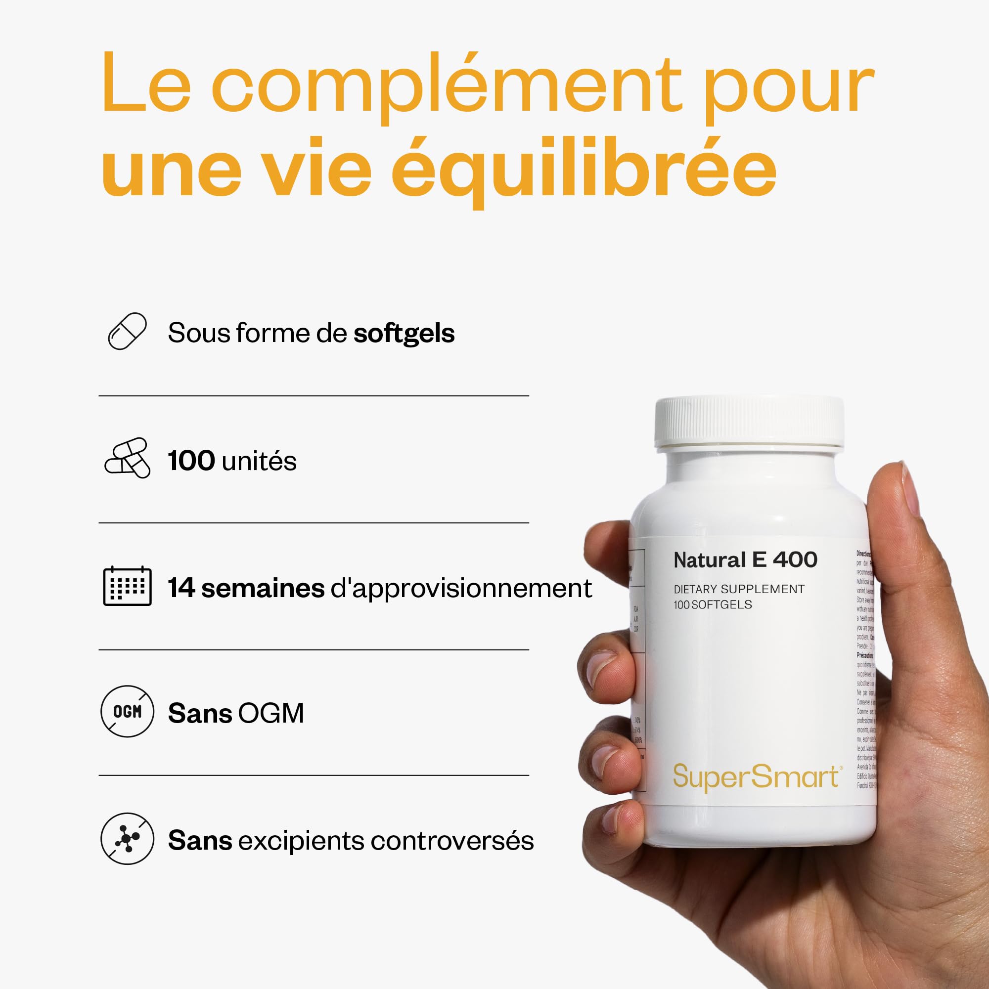 Vitamine E Naturelle - (D-Alpha Tocophérol) - Bonne Santé de la Peau et des Cheveux - Aide à Protéger les Cellules Contre le Stress Oxydatif - 100 Softgels - Sans Gluten - SuperSmart