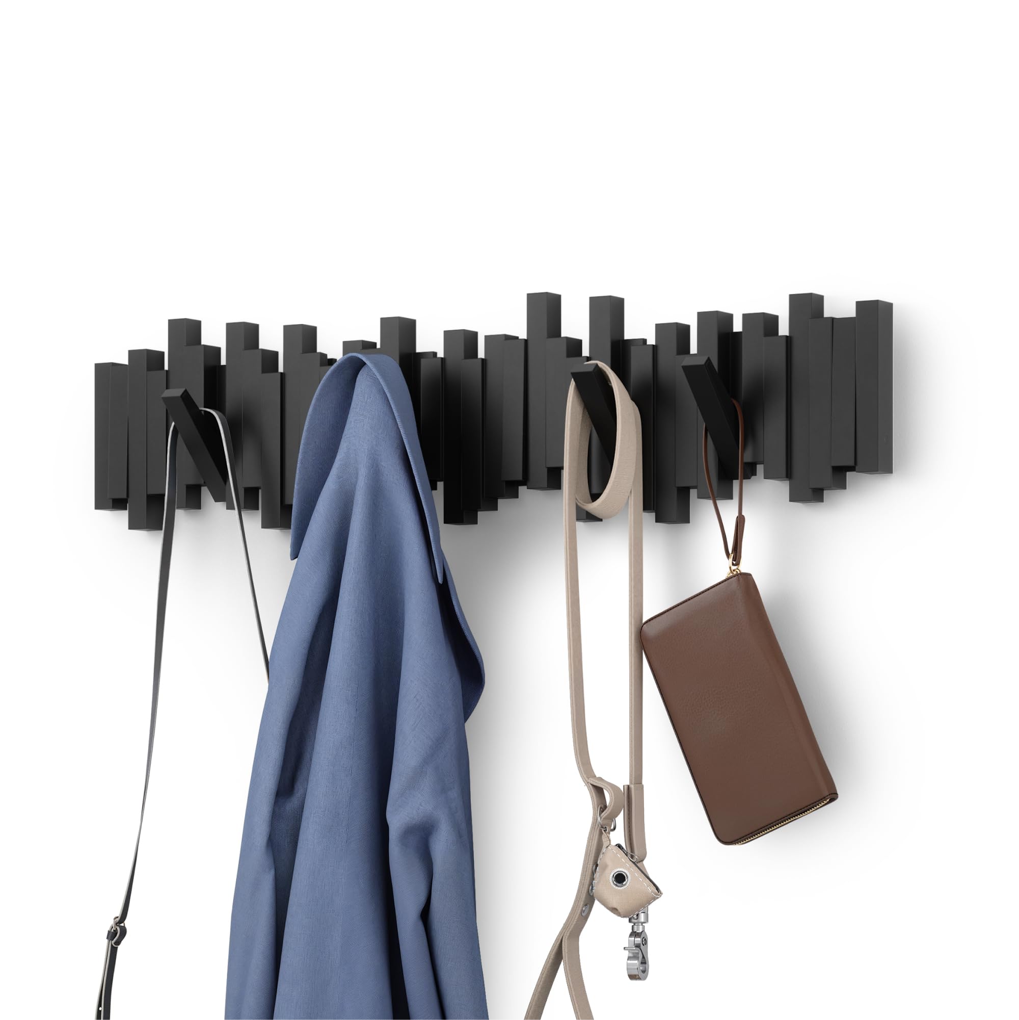 Umbra Sticks Wall-Mounted Coat Rack Rail Hook with 8 Retractable Pegs – Modern, Space-Saving Storage Organizer, Black