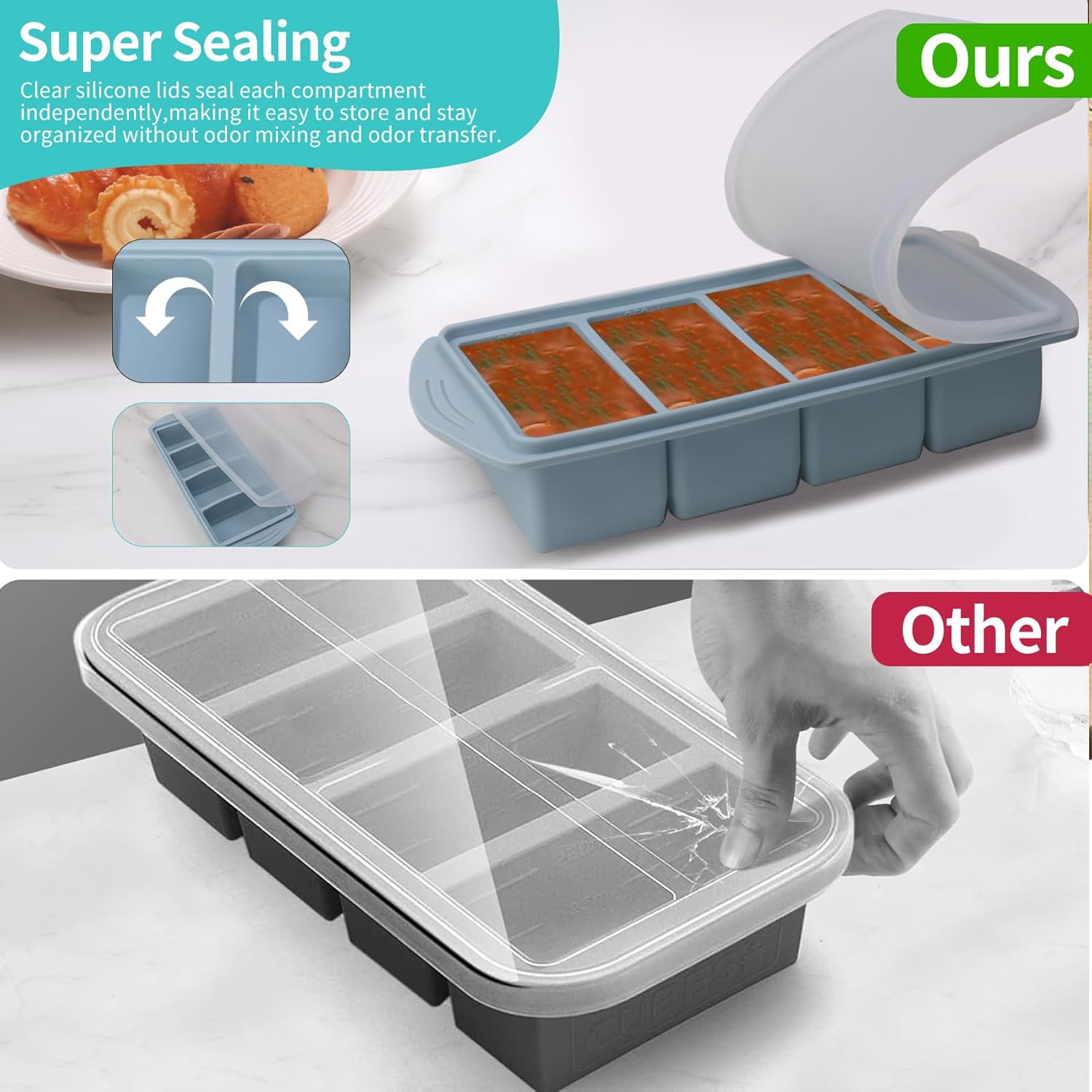 Silicone Freezer Molds Gift Set with 1 Tbsp,2 Tbsp, 1/2, 1, and 2 Cup Silicone Freezer Trays With Lids - Meal Prep and Kitchen Essentials Bundle - (Blue 10 Pack)