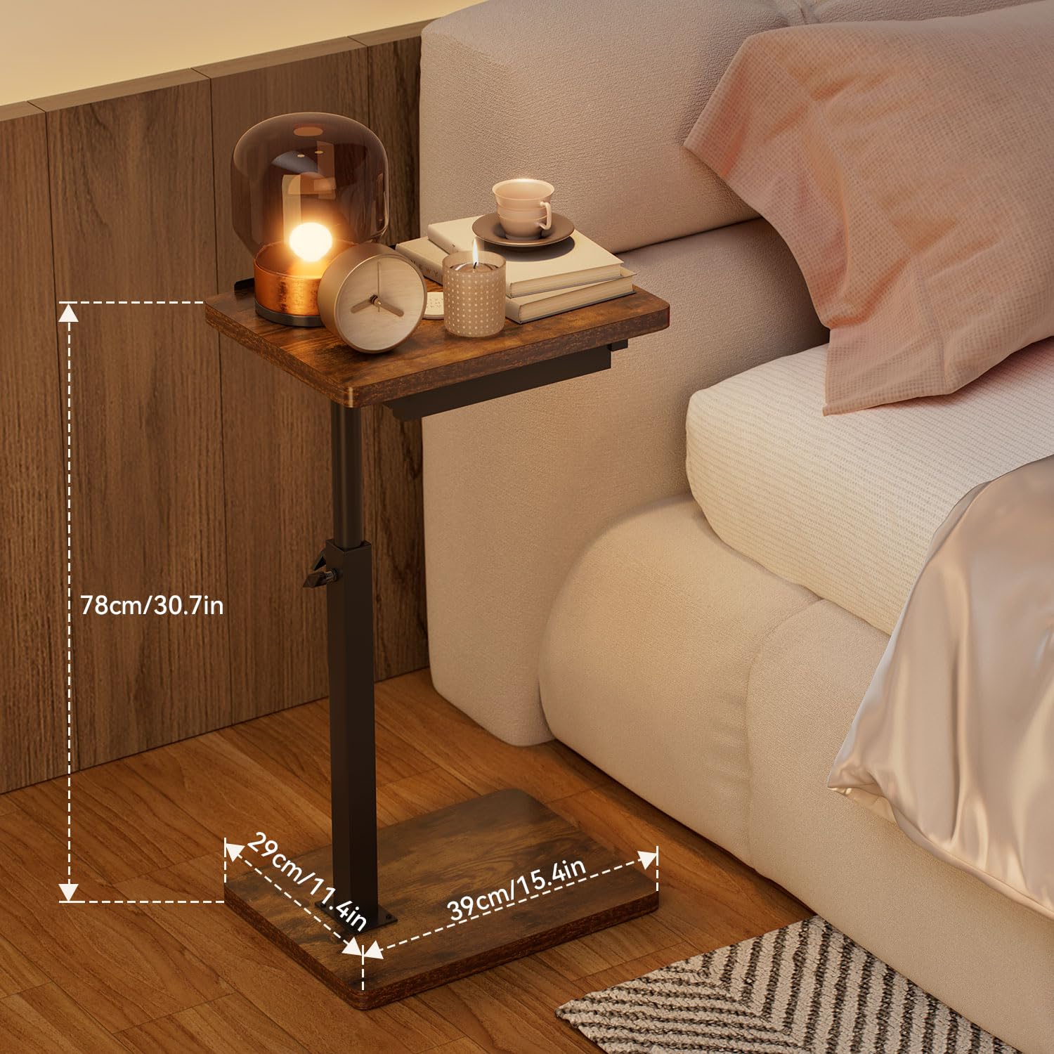 Exquilnova C-vorm Bijzettafel, 360 graden, roterend, in hoogte verstelbaar, 42-82 cm, bamboe bijzettafels, hout en metaal, kleine salontafel, koffietafel, zijtafel voor woonkamer, badkamer, bed, bank