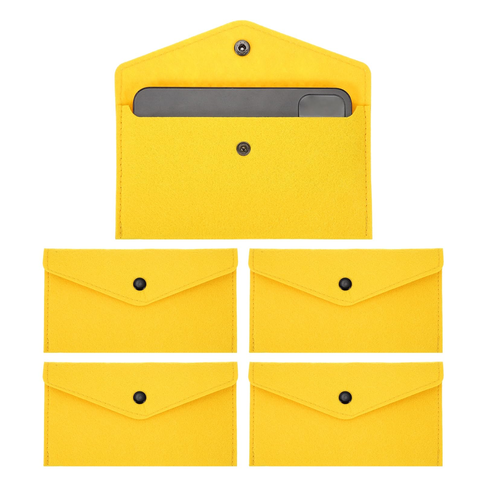 PATIKIL 5Pcs Felt Money Bag, Felt Cellphone Sleeve Case Pouch Cash Bag Button Closure Cash Envelope Wallet Storage Pouch for Card Pen Sunglasses, Yellow