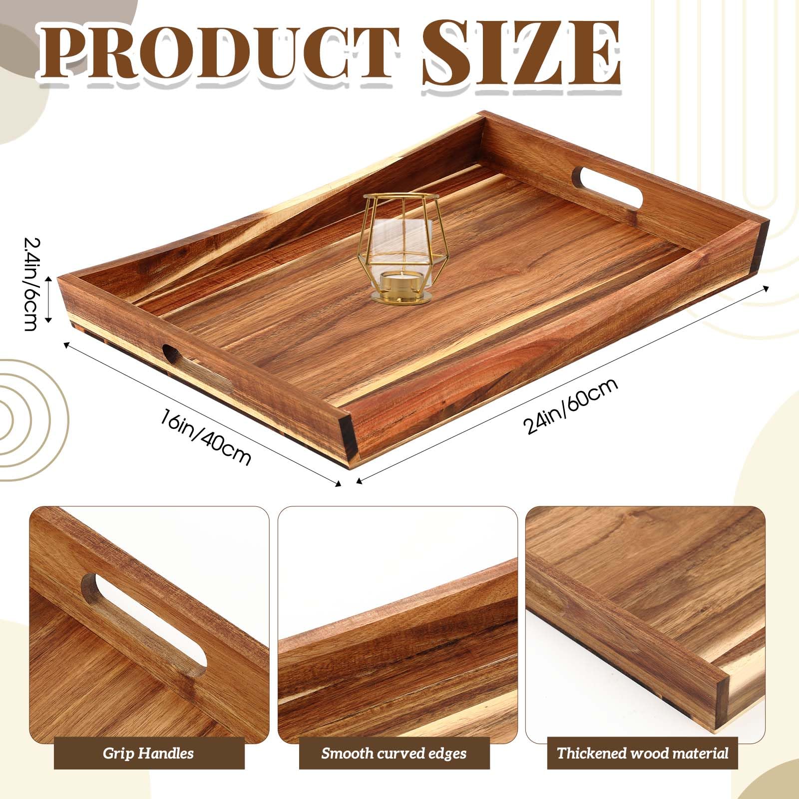 Teenyyou Bandeja curvada de madera de 24 x 16 pulgadas, bandeja otomana rectangular grande curvada de madera clásica con asas para té, cocina, alimentos, bebidas, aperitivos de frutas