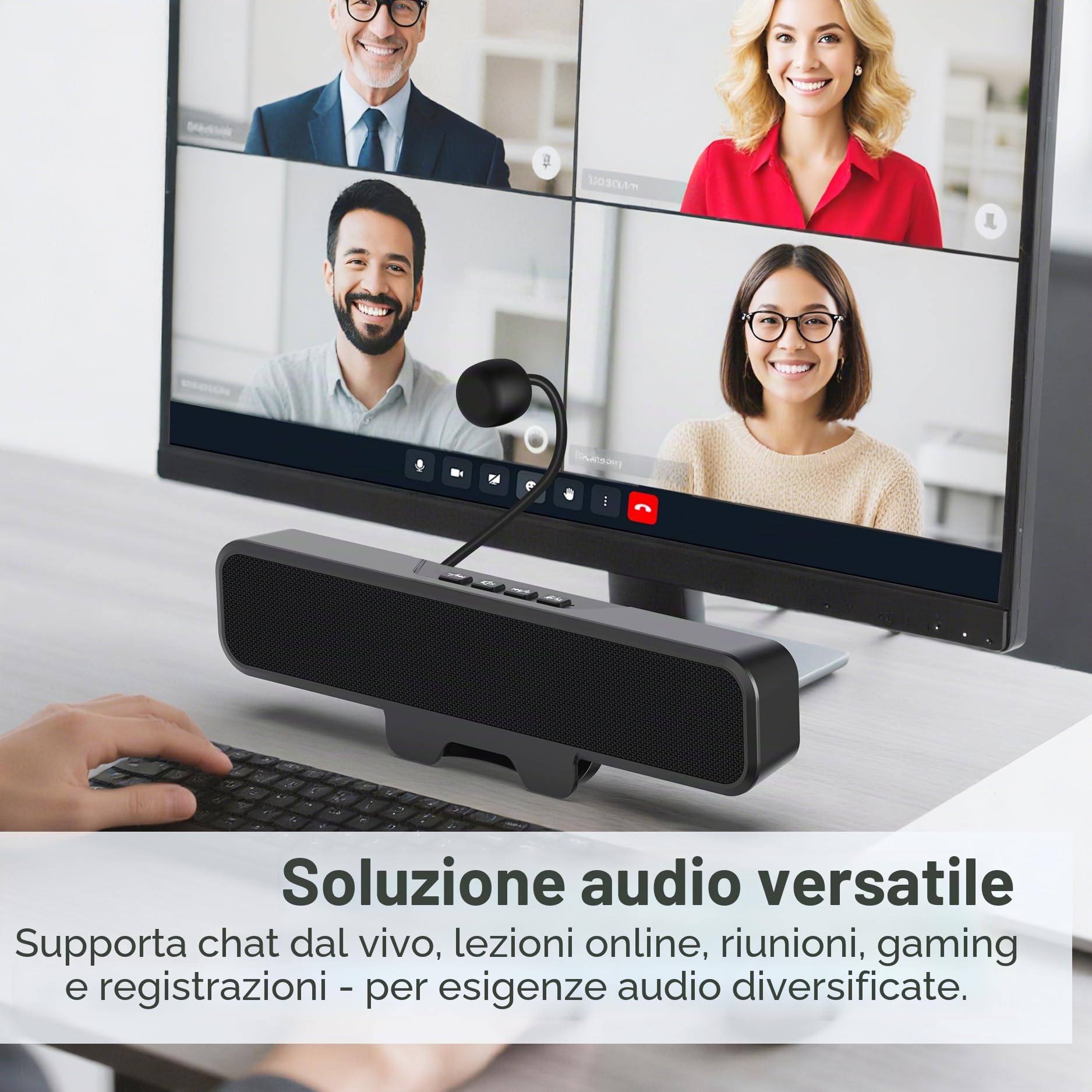 Inwa Altoparlante per PC, altoparlante USB con microfono, stereo e basso, spegnimento muto a un pulsante, clip plug and play per monitor PC, desktop, laptop e Mac (nero)