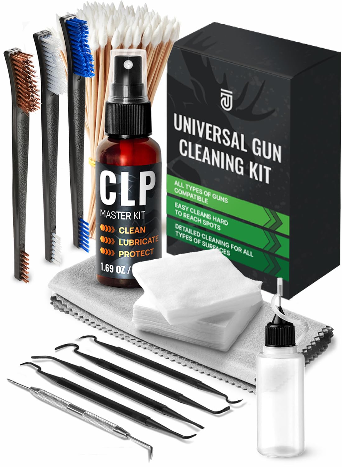 Gun Cleaning Supplies - Universal Gun Cleaning Kit Incl. 100 Pcs 3x3 Lint Free Gun Cleaning Patches, 6-inch Pointed Swabs, Double Head Brushes, 5 Pistol Picks - Fit Most Calibers 5.56 / 9mm / 12Ga