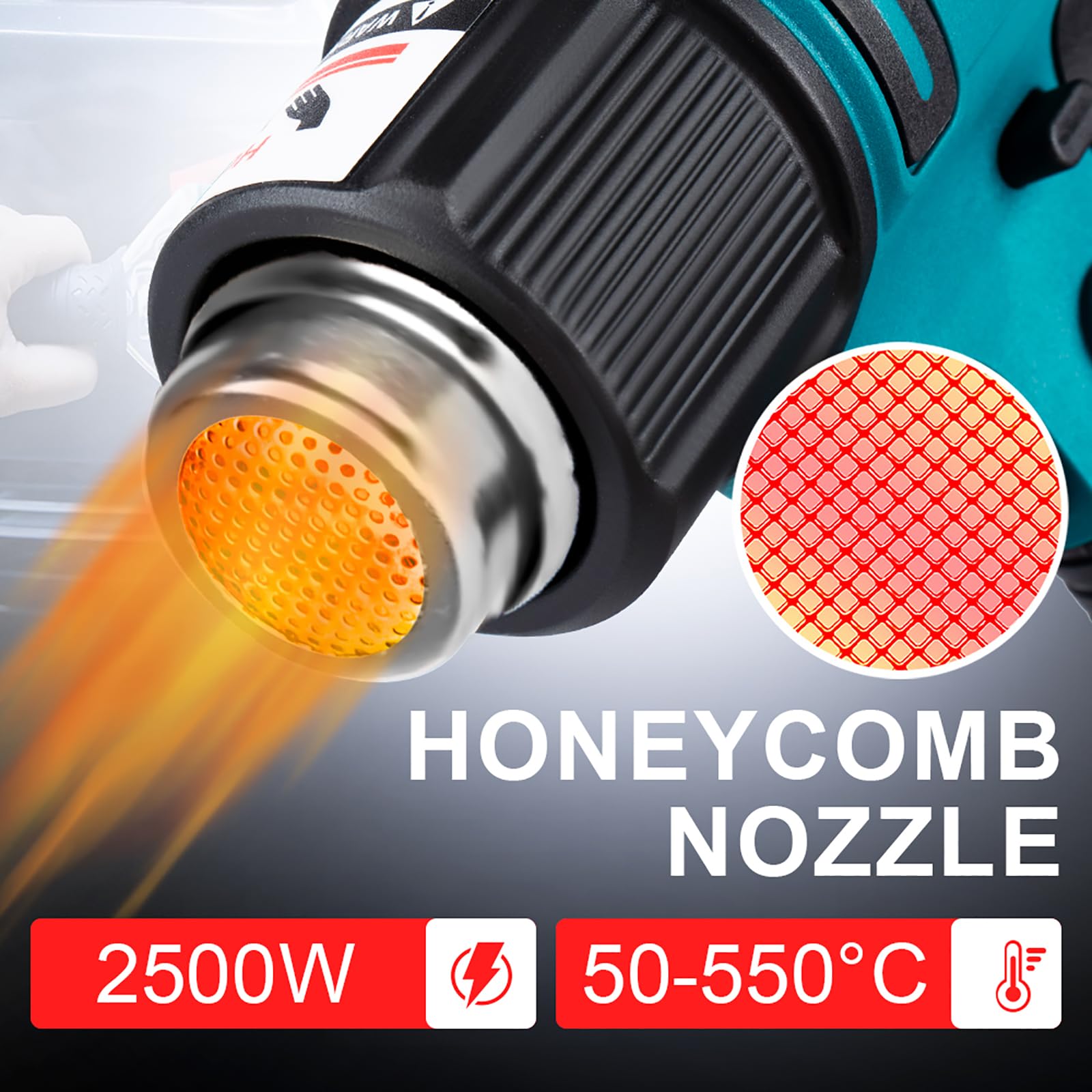 ONEVAN pistola de calor inalambrica, 50-550 ℃ pistola aire caliente para Makita 18V, pantalla LCD digital, decapador aire caliente a bateria incluye 5 boquillas y 2 raspadores (sin batería)