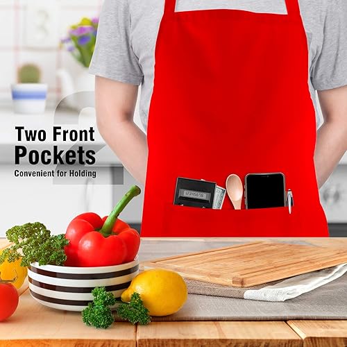 Miniatura 4 de Paquete de 2 delantales con peto 100% algodón con 2 bolsillos para cocina, mujeres y hombres, rojo