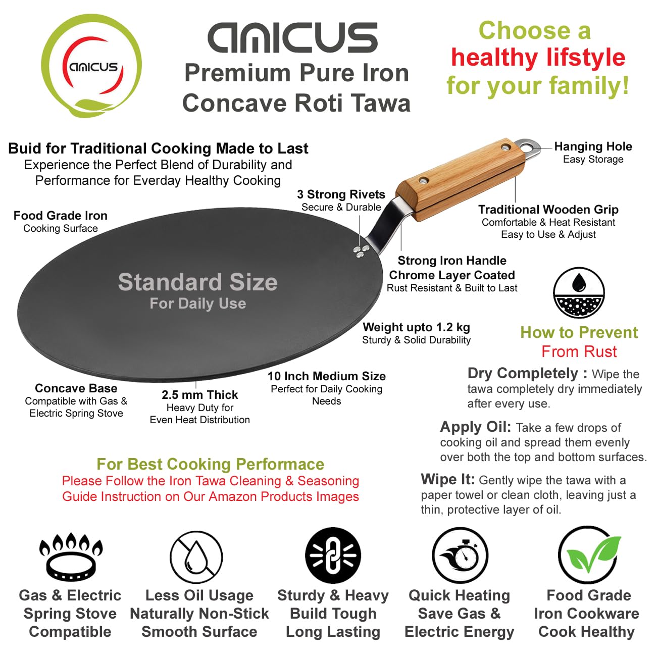 amicus Kitchen Premium Iron Tawa for Roti Chapati Concave Iron Tava with Wooden Handle 10 Inch 1.2 Kg Black Food Grade Smooth 100% Multipurpose Tawa 2