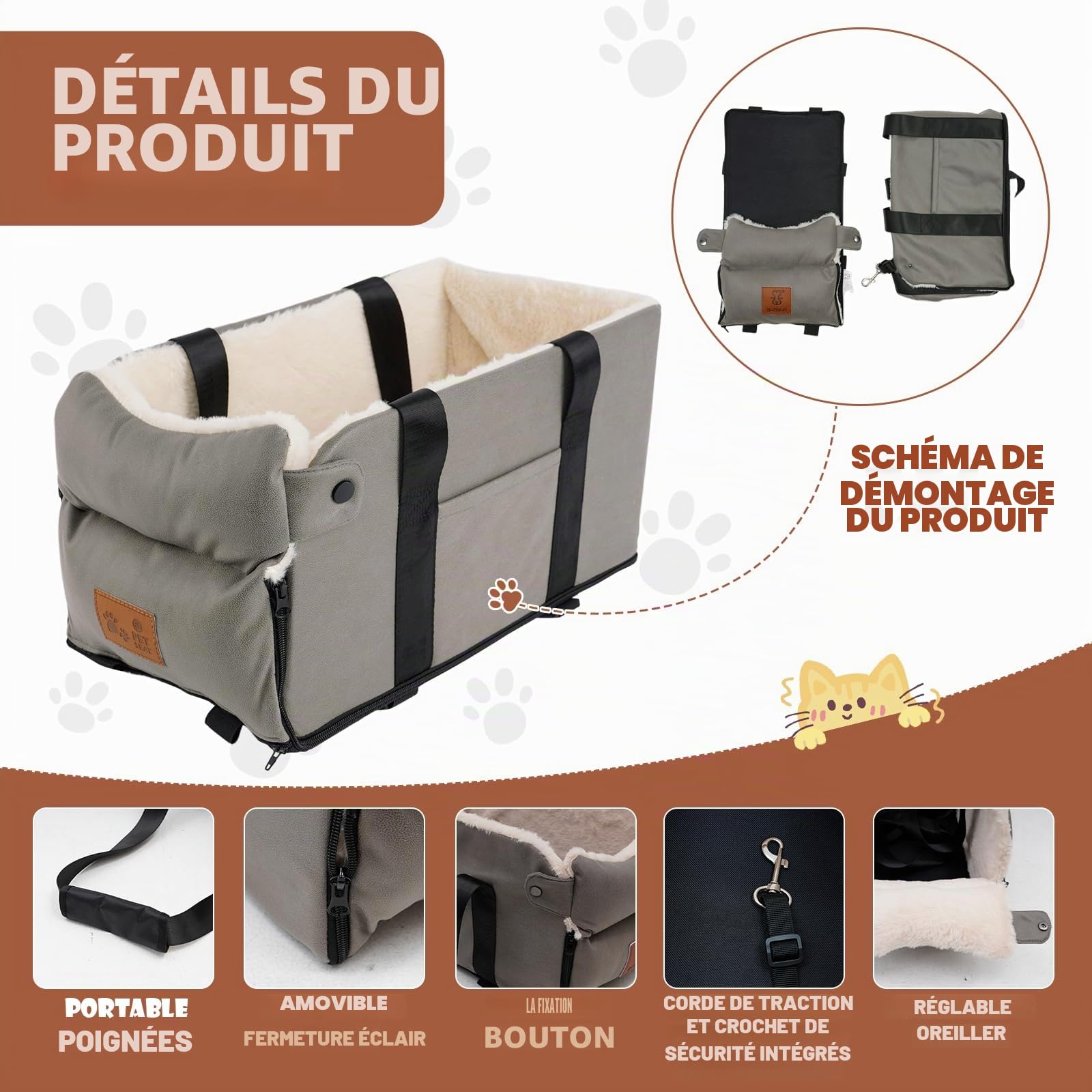 Siège de Voiture pour Chiens et Chats - Rehausseur Amovible et Lavable - Console Centrale pour Animaux de Petite Taille Jusqu'à 5,9 kg