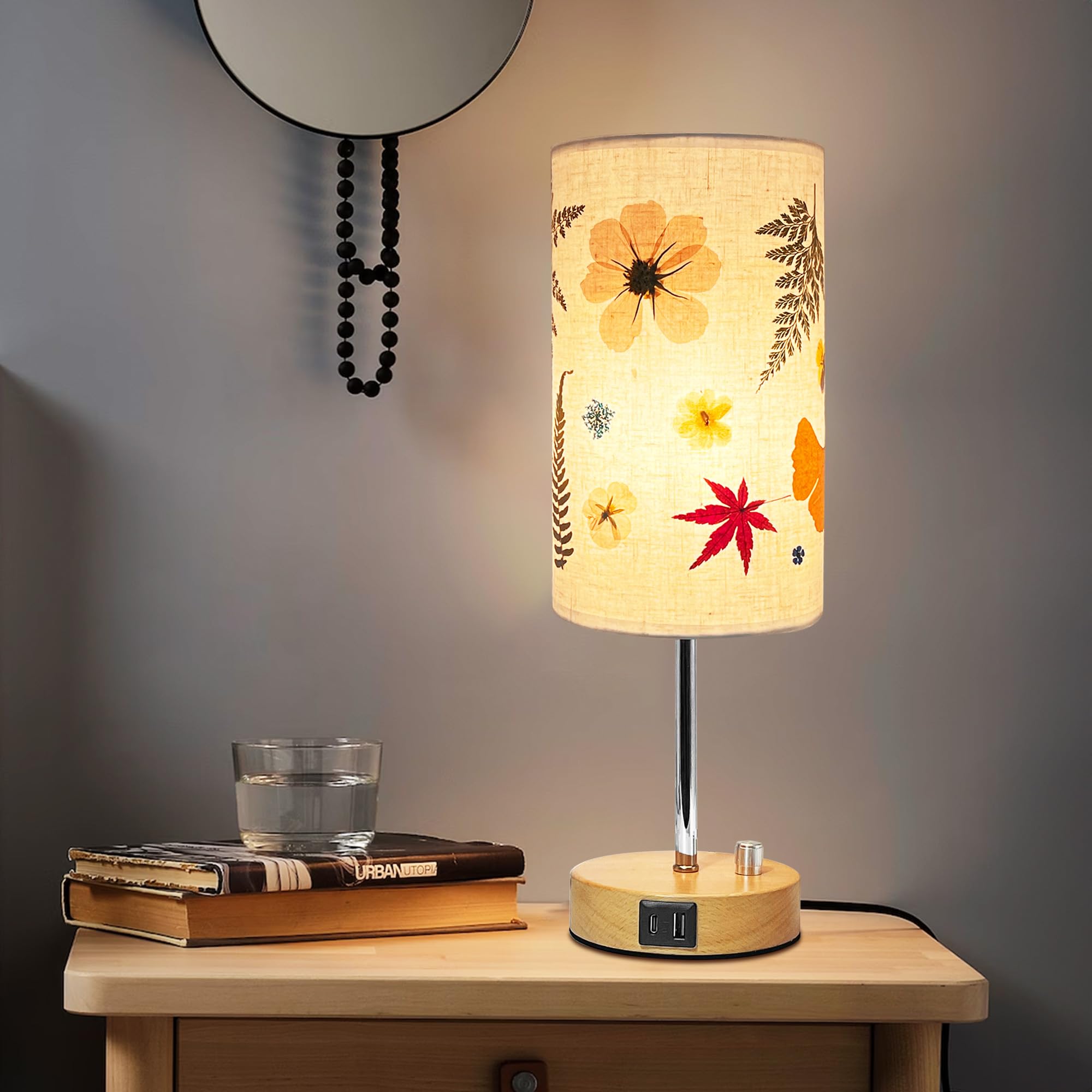 KoreTech Pressed Flower Lamp Diammable with 2 USB Ports, Bedside Lamp Cute Desk Lamp