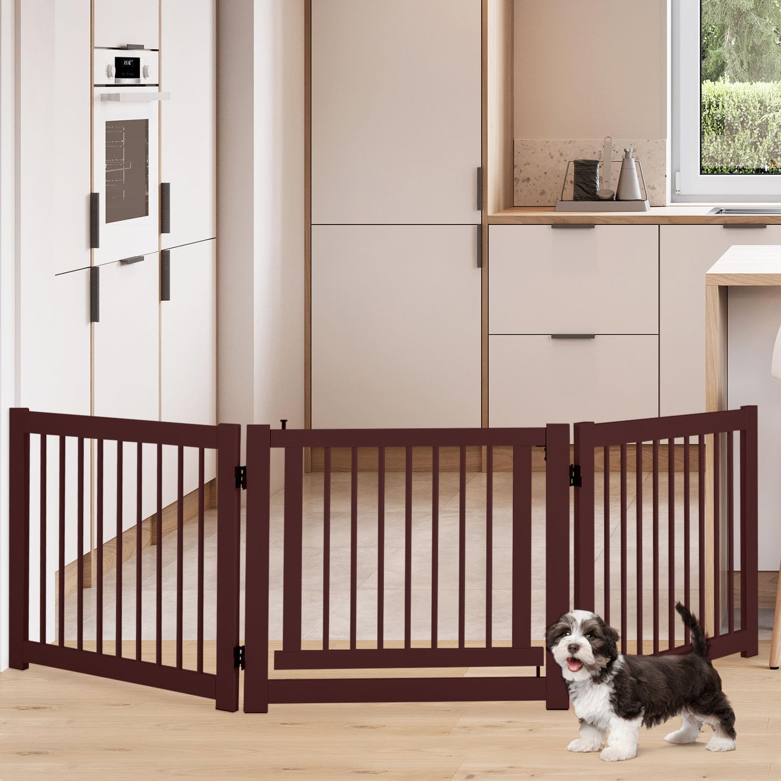 SOARS Cancelletto per Cani Pieghevoli 210 x 61 cm, Barriera per Cani in Legno a 3 Pannelli con Porta a Serratura, Recinzione per Scale, Ingressi e Corridoi (Marrone)