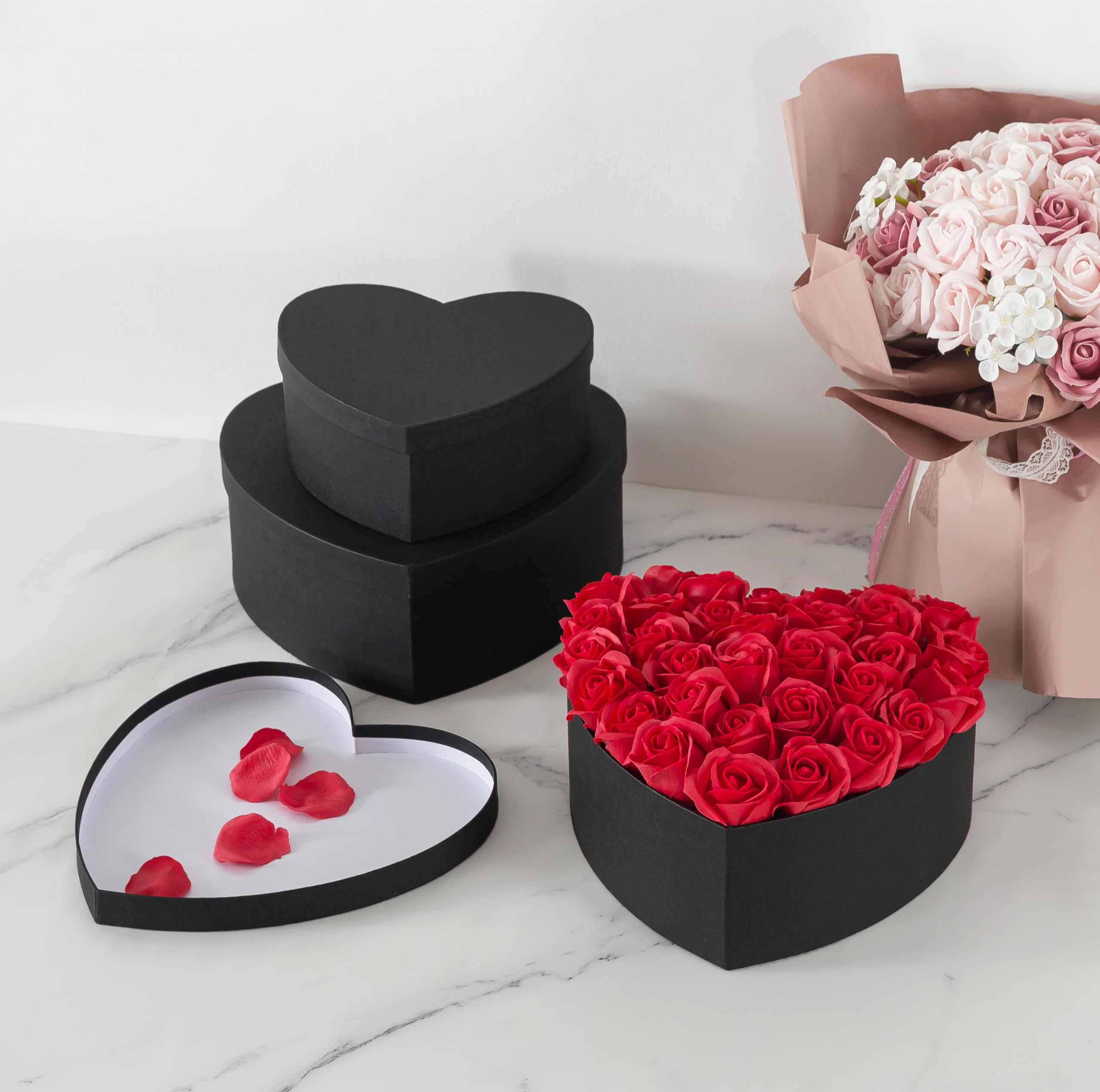 Soul & Lane Scatole regalo a forma di cuore: set di 3 scatole vuote in cartapesta con coperchio per fiori, regali, fragole di cioccolato e occasioni speciali, scatole di cartone nero a forma di cuore