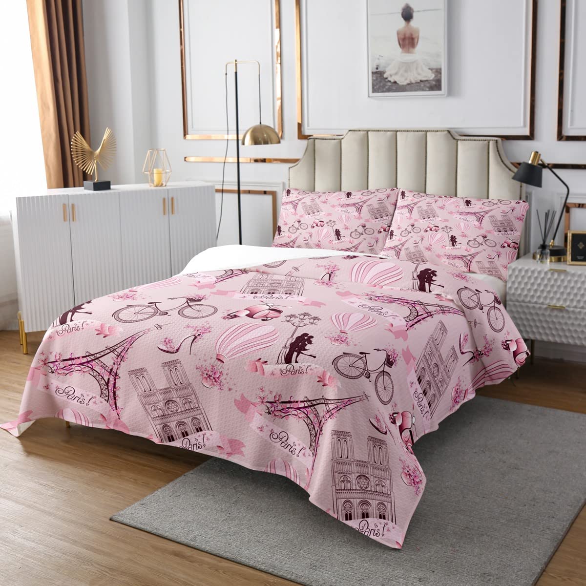 Effiel Tower Coverlet Set King,Pink Paris Tower Bedspread for Girls Women,Romantic Couple Quilt Set,Rose Floral Pattern Quilted,Hot Air Balloon Bedspread Quilt Set Valentines Gift,Pink