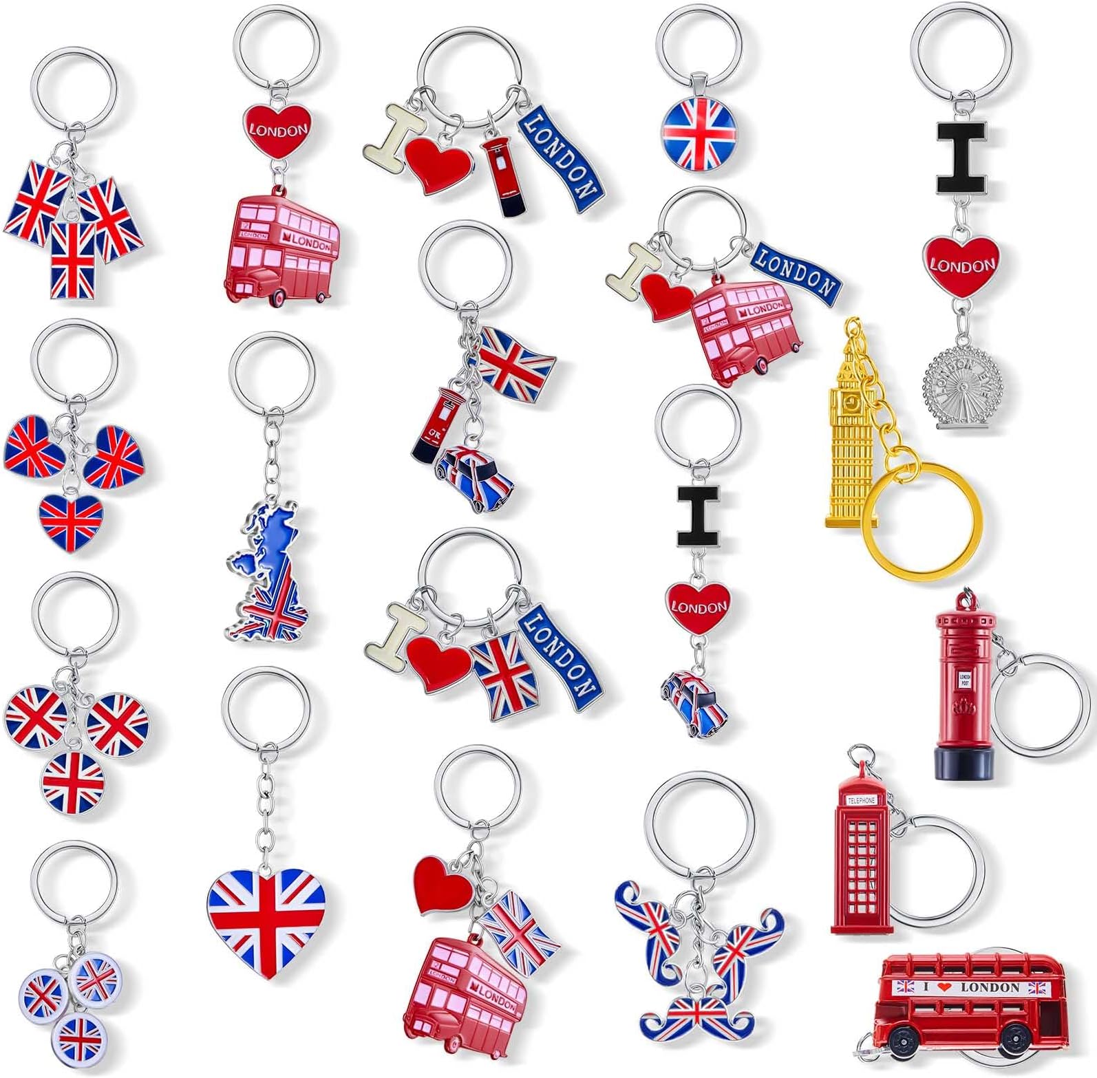 Inbagi 20 Pcs London Souvenir Keychains Bulk British Gift Key Rings for Christmas Decoration Ornaments Prize Multi Style