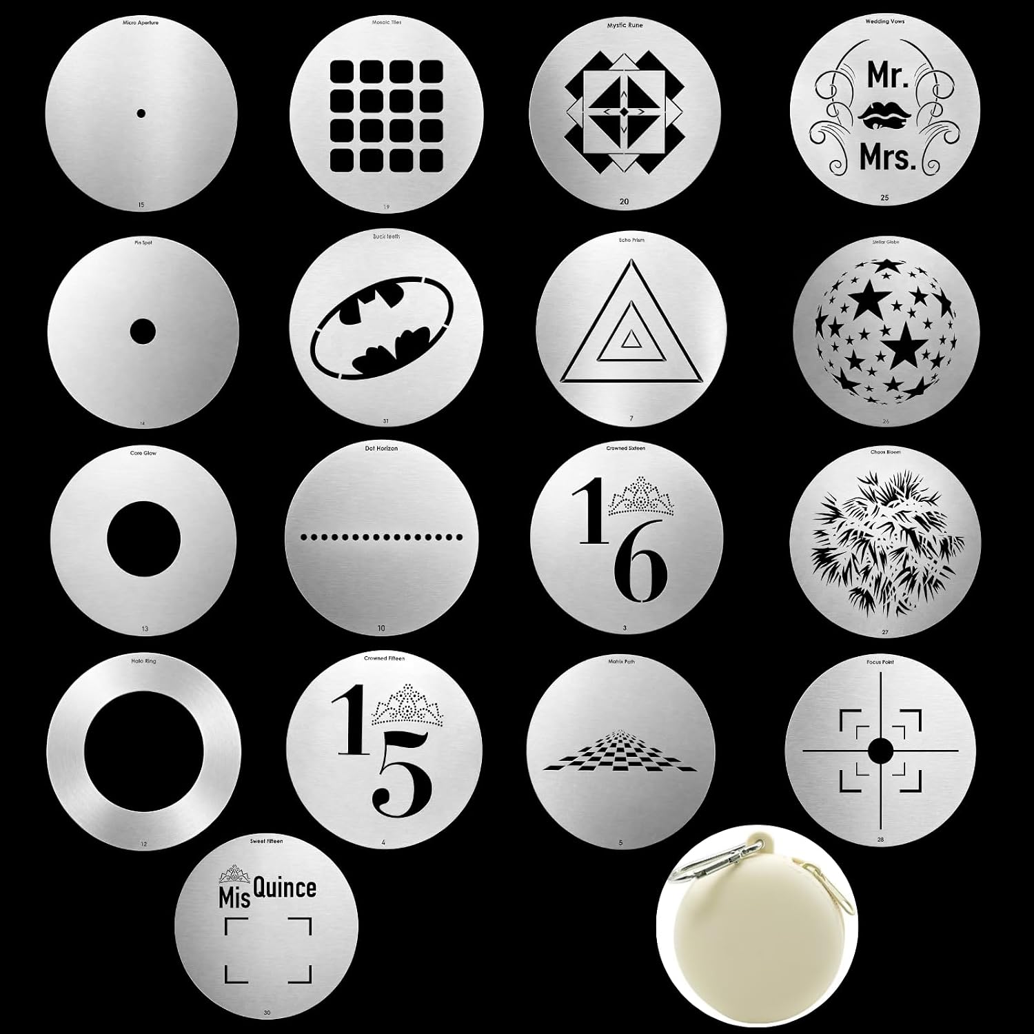 17Pcs M-Size 66mm Stainless Steel Gobos Kit for Optical Snoot | Heat-Resistant Light Modifier for Godox/Aputure/Westcott