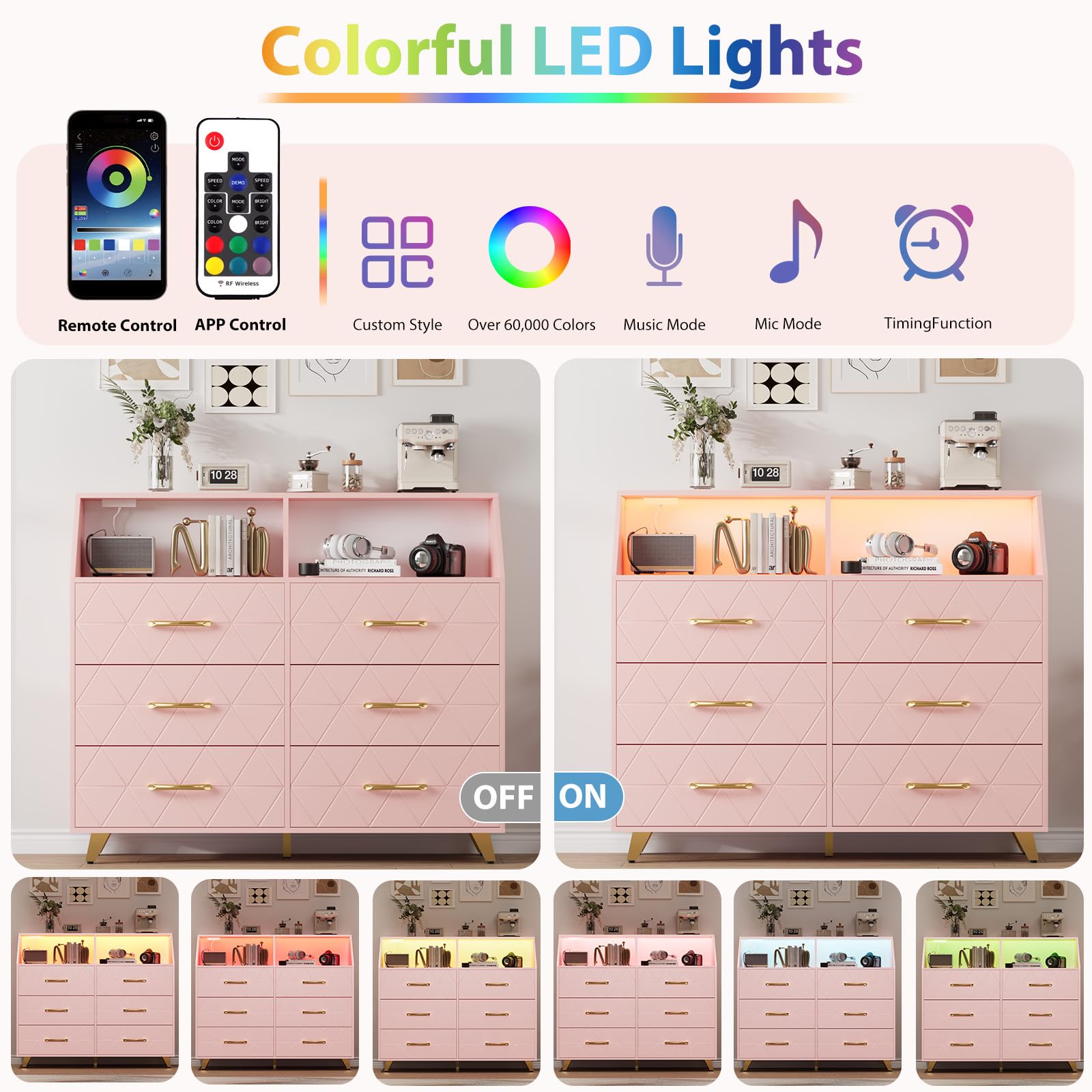 IDEALHOUSE Kommode mit 6 Schubladen (47 Zoll) & LED-Beleuchtung, mit integrierter Ladestation (Steckdosen/USB) - Holz-Schubladenschrank mit Ablagefach & 5 Metallfüßen - modern - Farbe: Pink