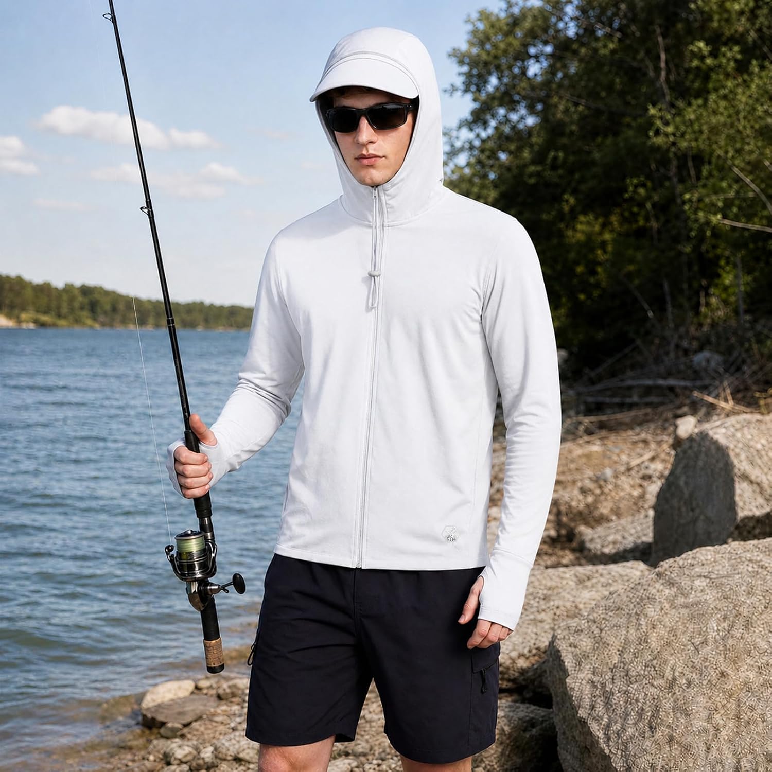 Men's UPF 50+ Sun Protection Athletic Hoodie Shirts Lightweight Full Zip Jacket Long Sleeve for Outdoor Fishing