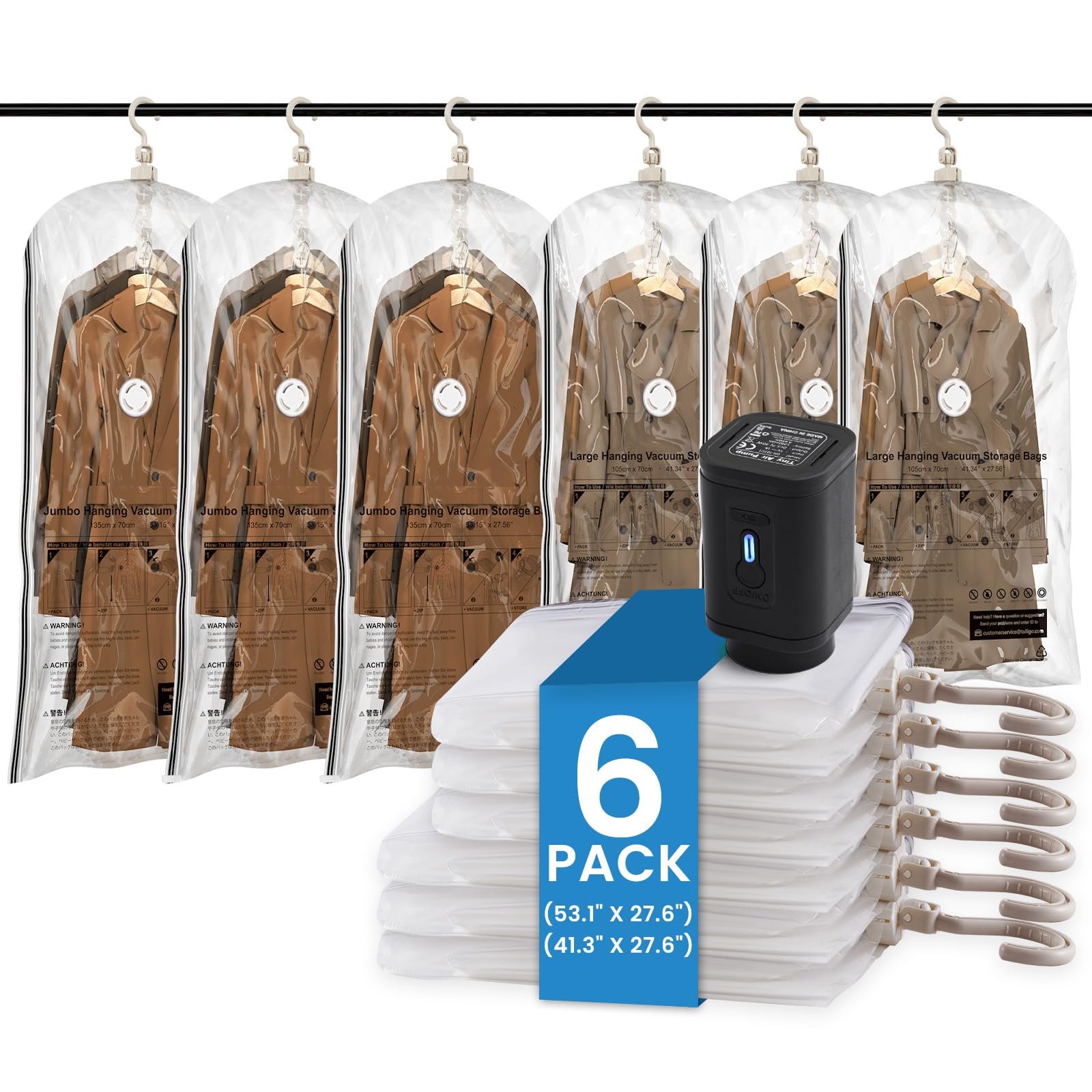 TAILI Hanging Vacuum Storage Bags for Clothes,6 Combo with Pump