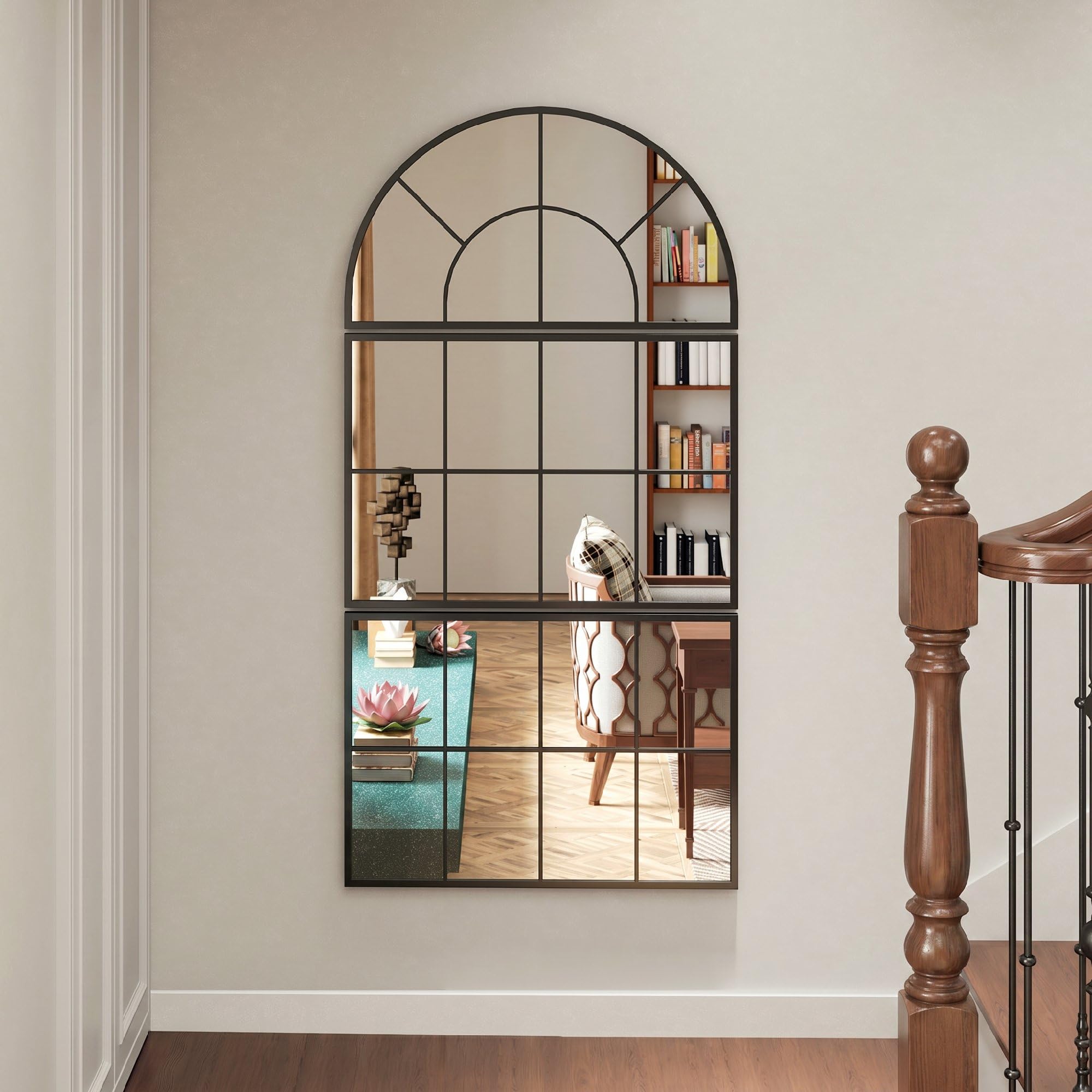 HOMCOM Espejo de Pared, 76x149 cm, 3 Piezas, Espejo de Recibidor con Marco de Metal en Forma de Ventana, Decoración para Salón, Dormitorio, Entrada, Negro