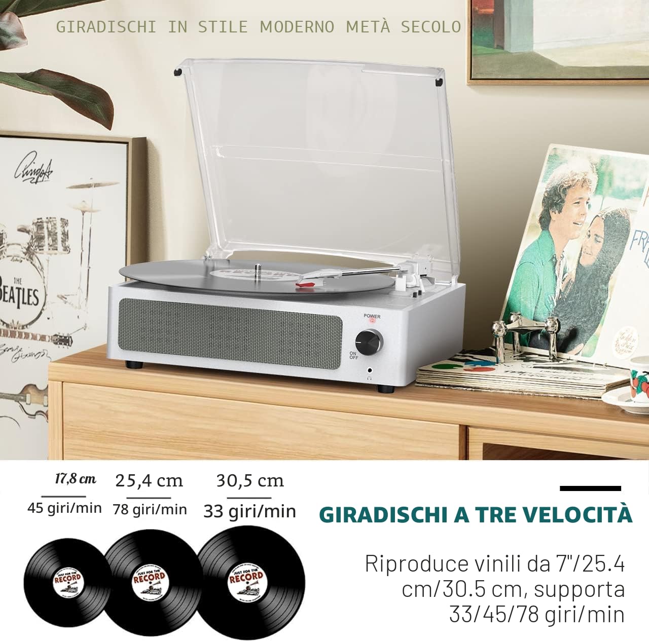 Trynnay Giradischi con altoparlante in vinile, fonografo LP senza fili, con altoparlanti stereo incorporati, trasmissione a 3 marce, giradischi con altoparlanti, retro bianco