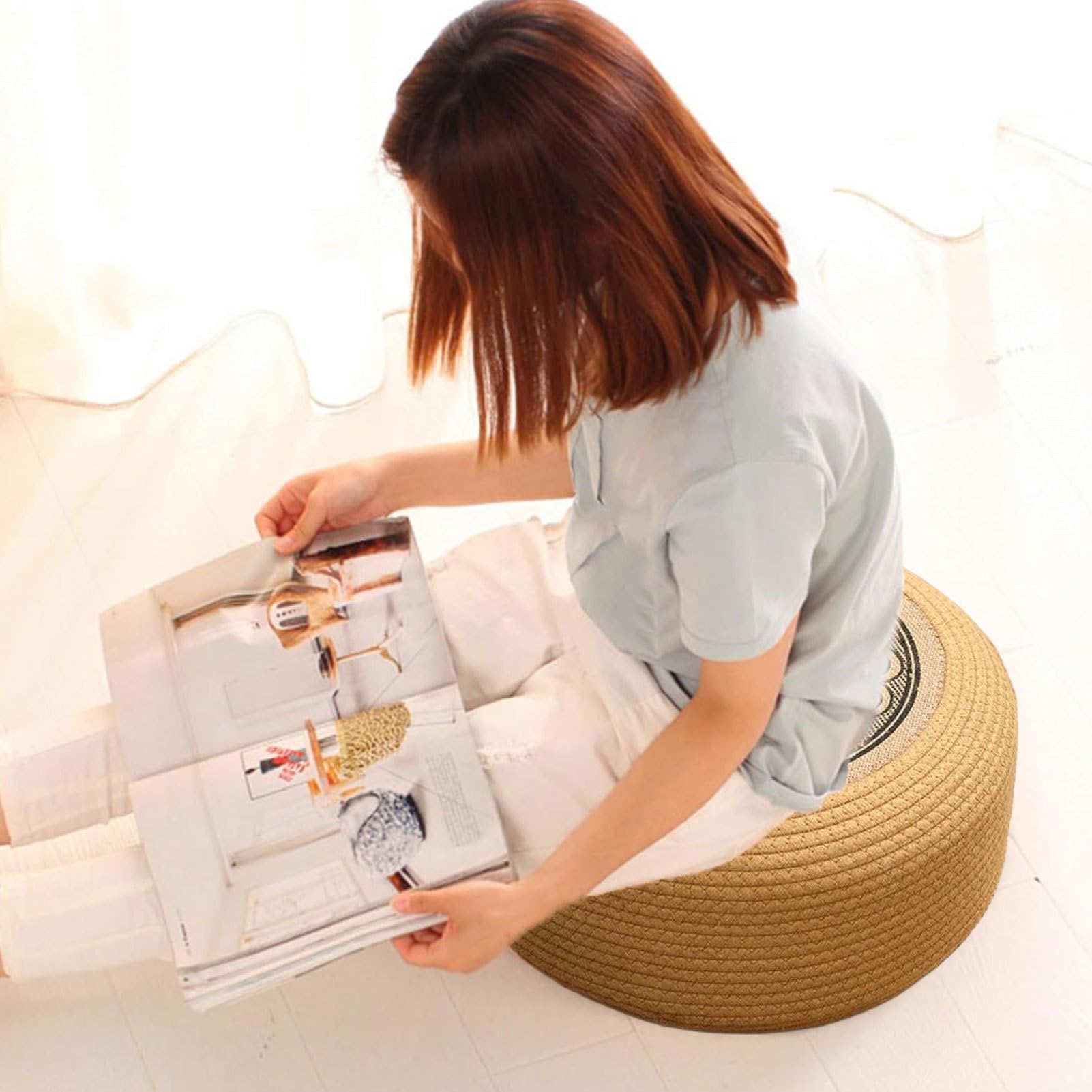 Ottomana in rattan - Pouf da esterno rotondi intrecciati a mano, cuscini da pavimento versatili, per sedersi, elegante accento sul portico a bordo piscina | Mobili esterni durevoli per il balcone del